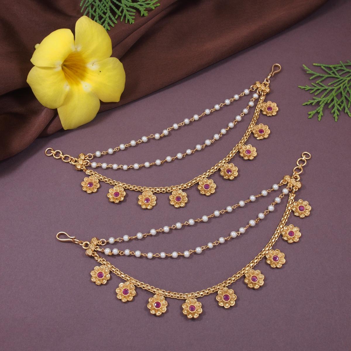 Etnico Gold Plated Traditional Flower Pearl Layered Hair Chain/Ear chain Accessories with Hook for Women