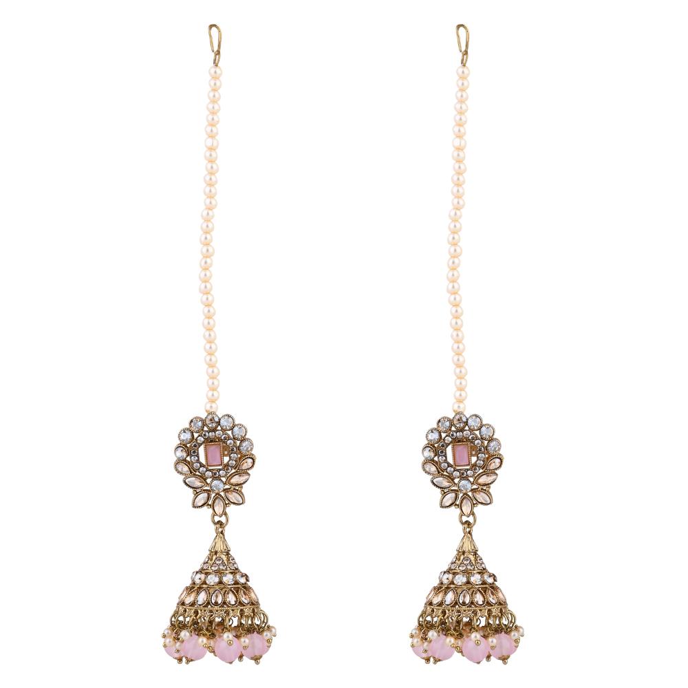 Etnico Gold Plated Traditional Kundan & Pearl Jhumka Earrings With Pearl Earchain For Women (E3257Pi)