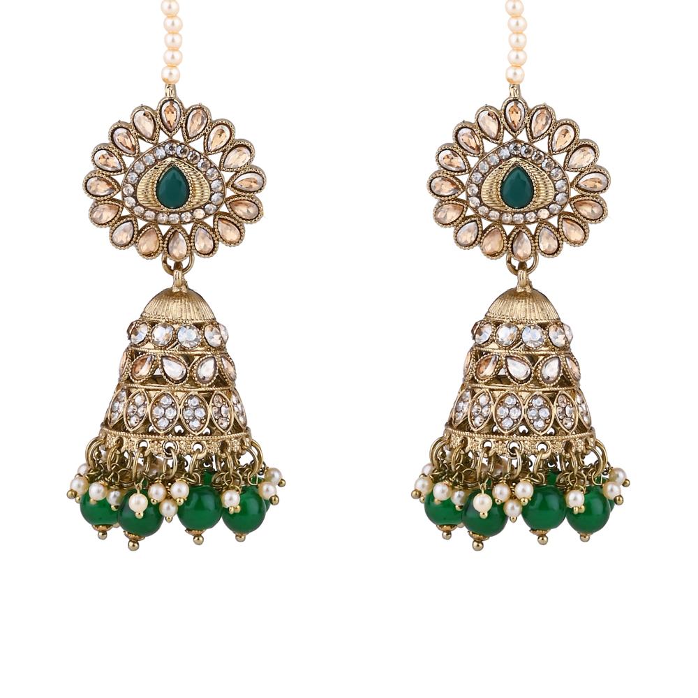 Etnico Gold Plated Traditional Kundan & Pearl Jhumka Earrings With Pearl Earchain For Women (E3258G)