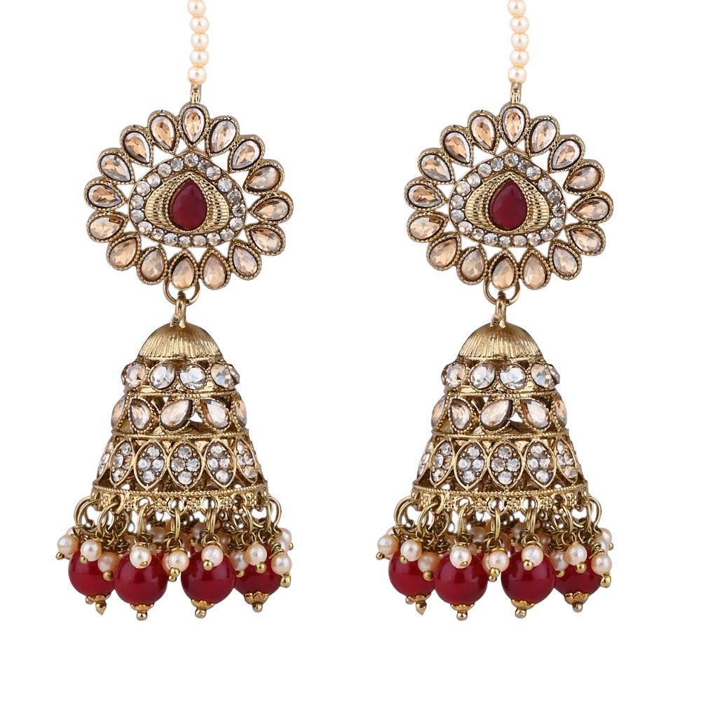 Etnico Gold Plated Traditional Kundan & Pearl Jhumka Earrings With Pearl Earchain For Women (E3258M)