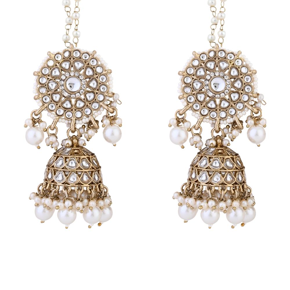Etnico Gold Plated Traditional Kundan & Pearl Jhumka Earrings With Pearl Earchain For Women (E3261G)