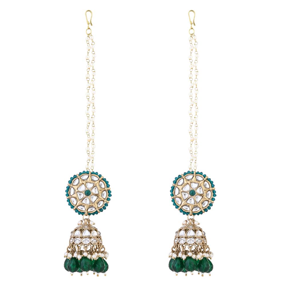 Etnico Gold Plated Traditional Kundan & Pearl Jhumka Earrings With Pearl Earchain For Women (E3263G)
