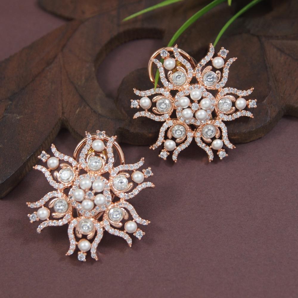 Etnico Rose Gold Plated Cubic Zirconia American Diamoand & Pearl Stud Earrings For Women (E3272RG)