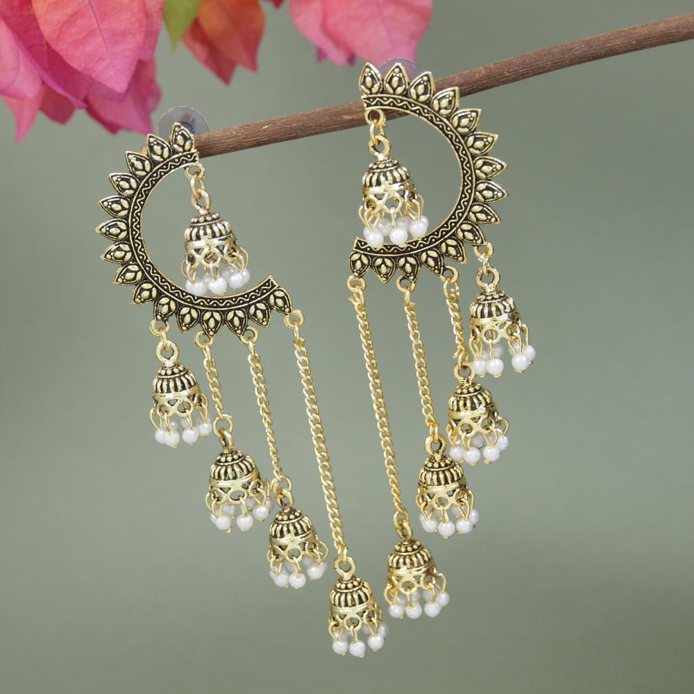 Etnico Gold Plated Multi Layered Dangle Jhumka Earrings For Women (E3282FL)