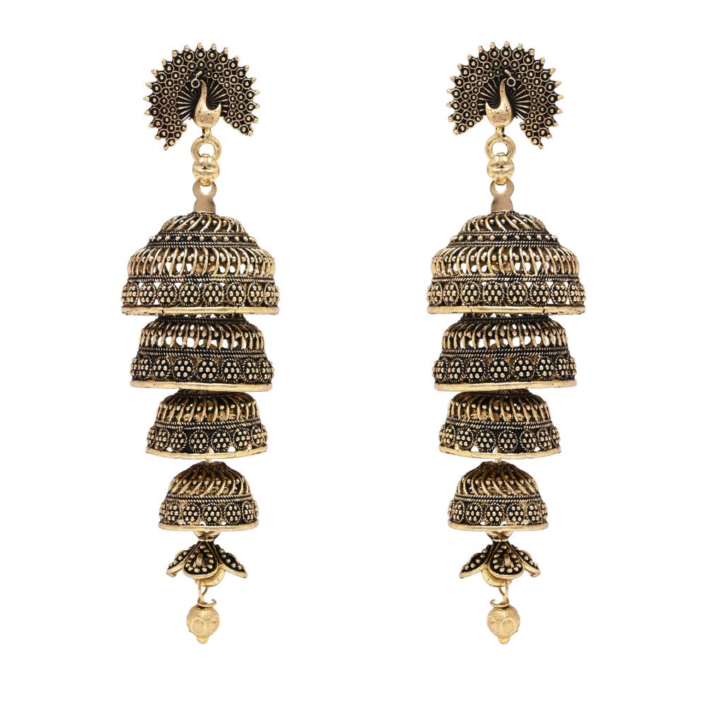 Etnico Gold Plated Peacock Multi Layered Jhumka Earrings For Women (E3286FL)