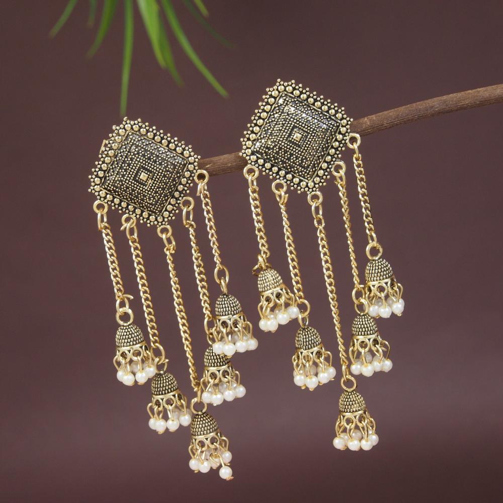 Etnico Gold Plated Multi Layered Dangle Jhumka Earrings For Women (E3287FL)
