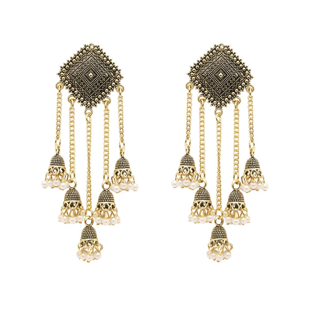 Etnico Gold Plated Multi Layered Dangle Jhumka Earrings For Women (E3287FL)