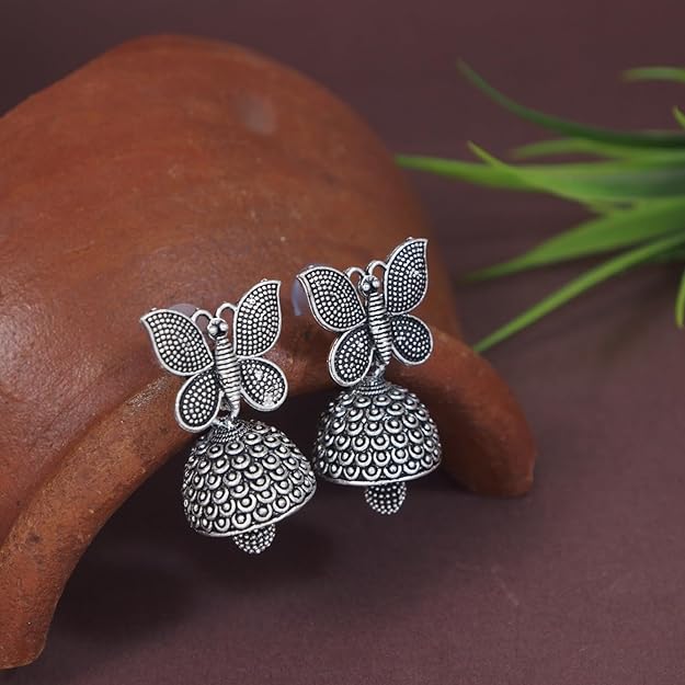 Etnico Ethnic Silver Oxidised Jhumka Earrings For Women