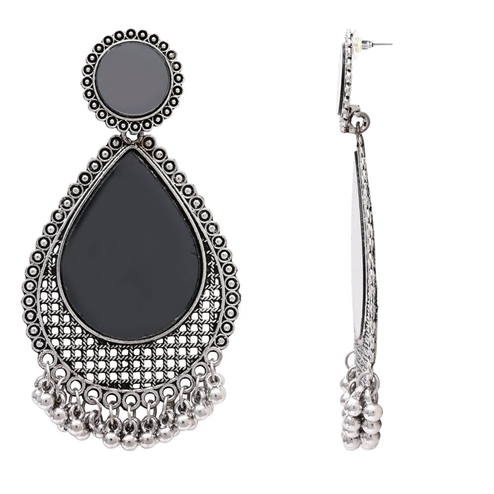 Etnico Silver Oxidised Teardrop Shaped Dangle Earrings For Women (E3320OX)