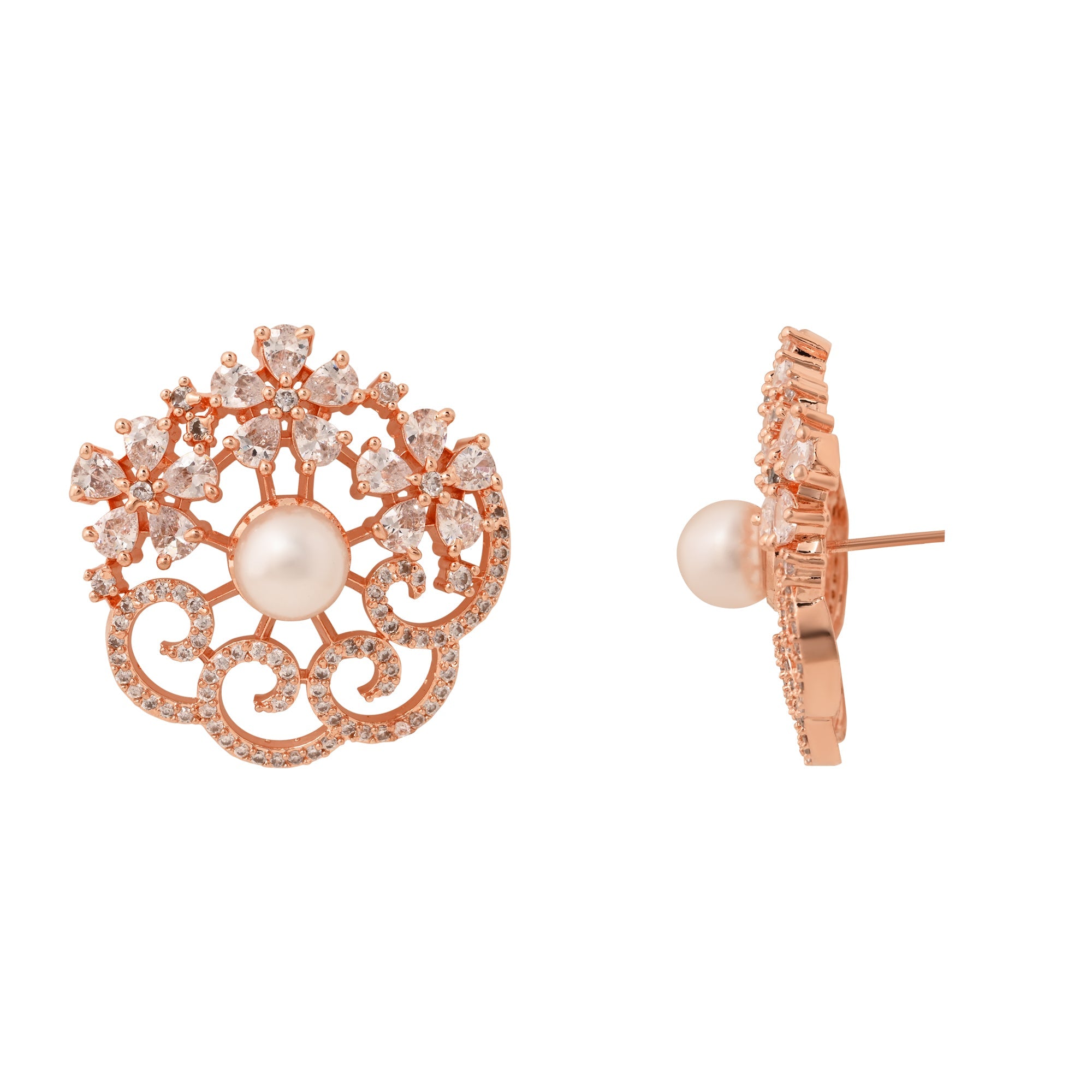 Etnico Rose Gold Plated Cubic Zirconia and American Diamond Fashionable Pearl Look Stud Earrings For Women