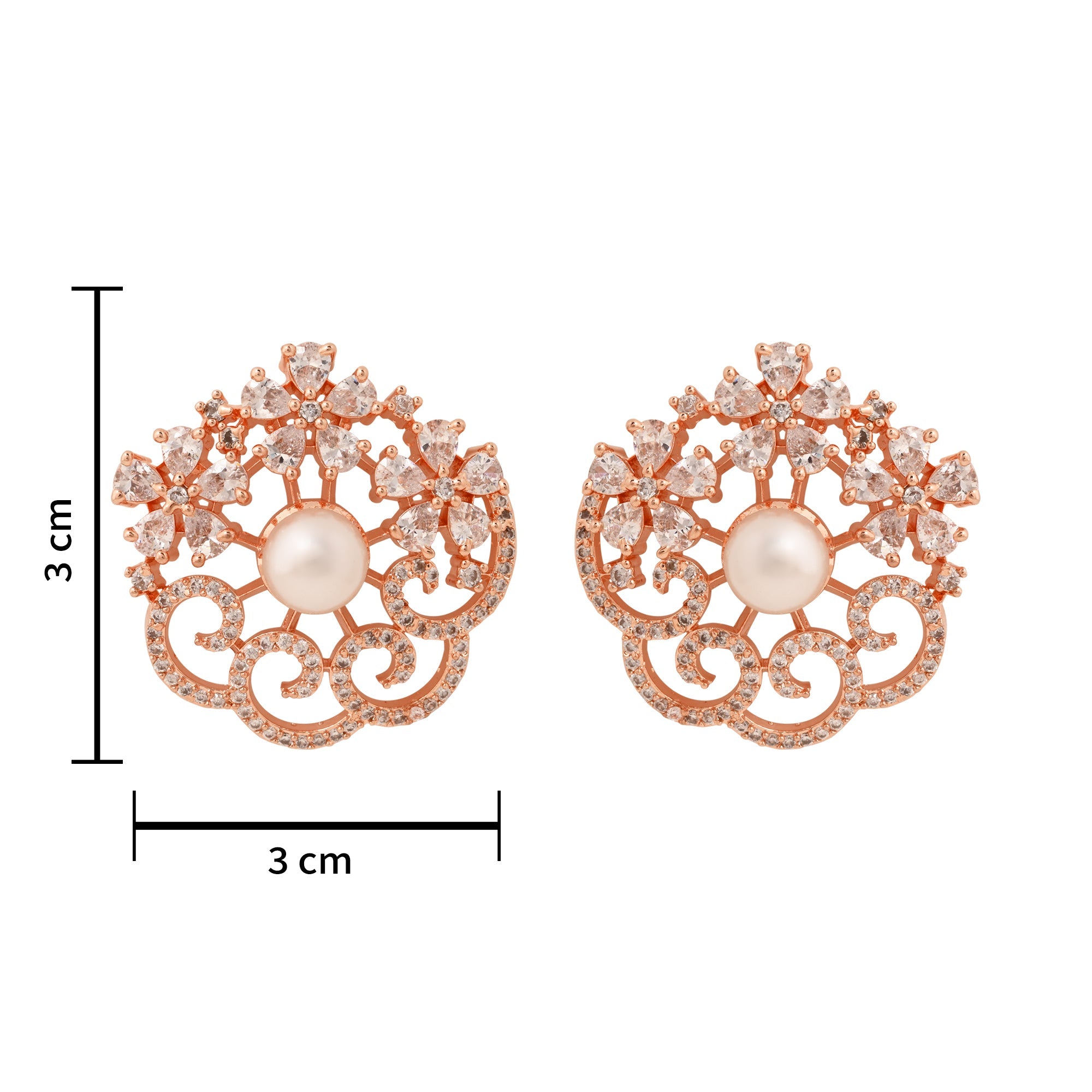 Etnico Rose Gold Plated Cubic Zirconia and American Diamond Fashionable Pearl Look Stud Earrings For Women