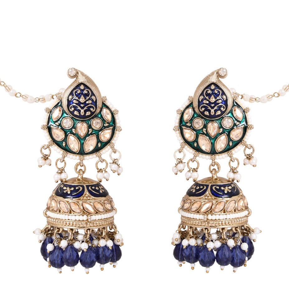 Etnico Gold Plated Traditional Meenakari Jhumka with Ear chain For Women