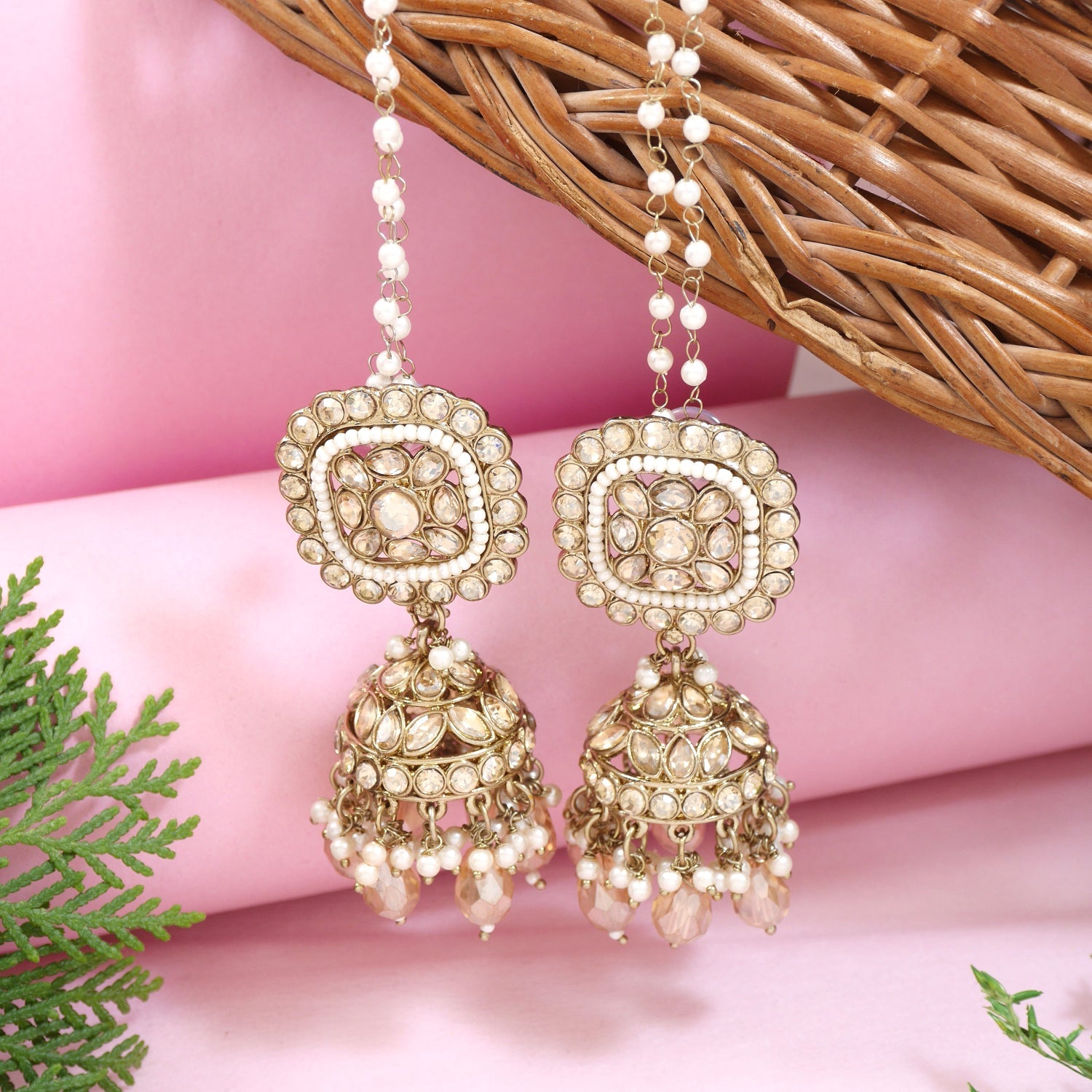 Etnico Gold Plated Traditional Kundan & Pearl Jhumka Earrings With Earchain For Women