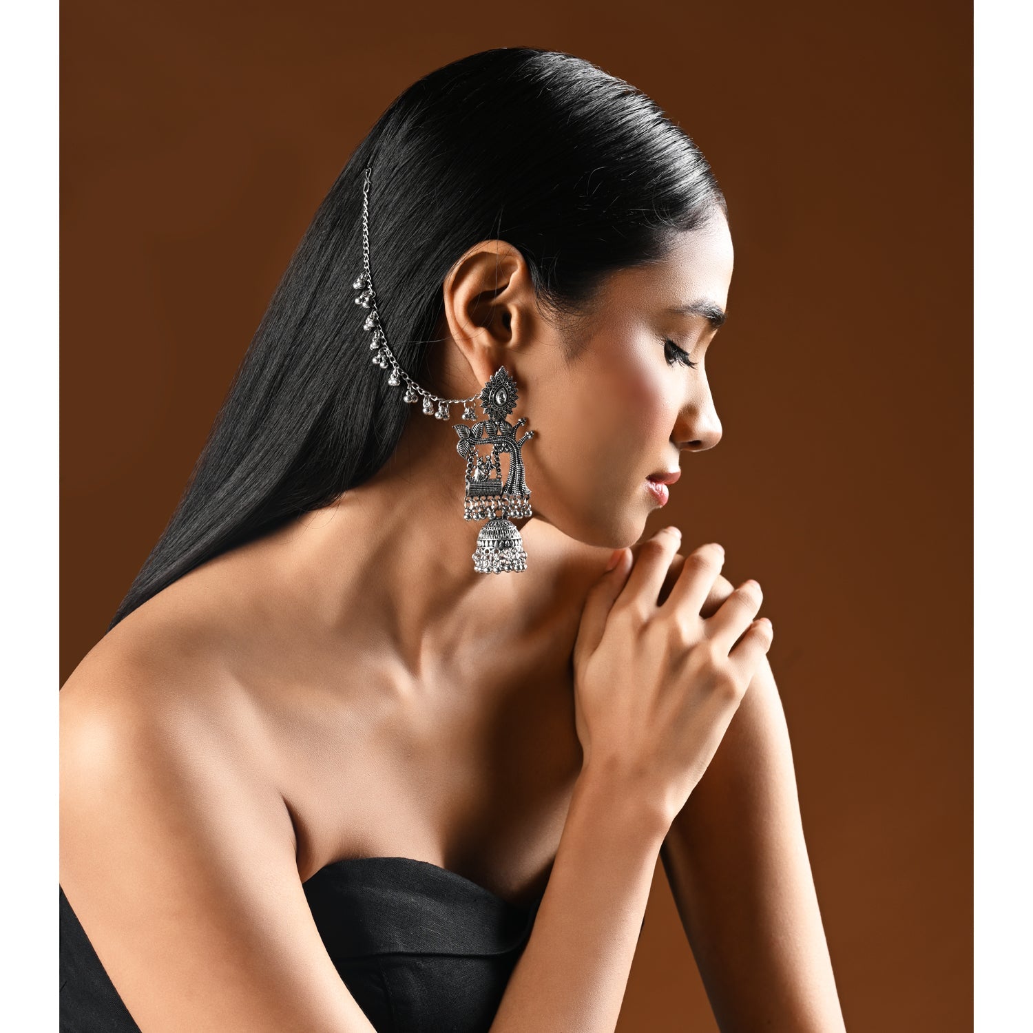 Etnico Silver Plated Traditional Jhumka Motif Oxidised Earring With Ear Chain for Women