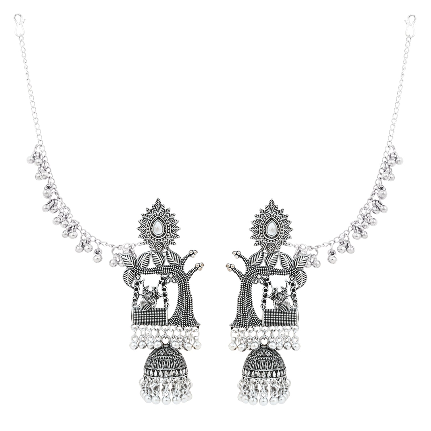 Etnico Silver Plated Traditional Jhumka Motif Oxidised Earring With Ear Chain for Women