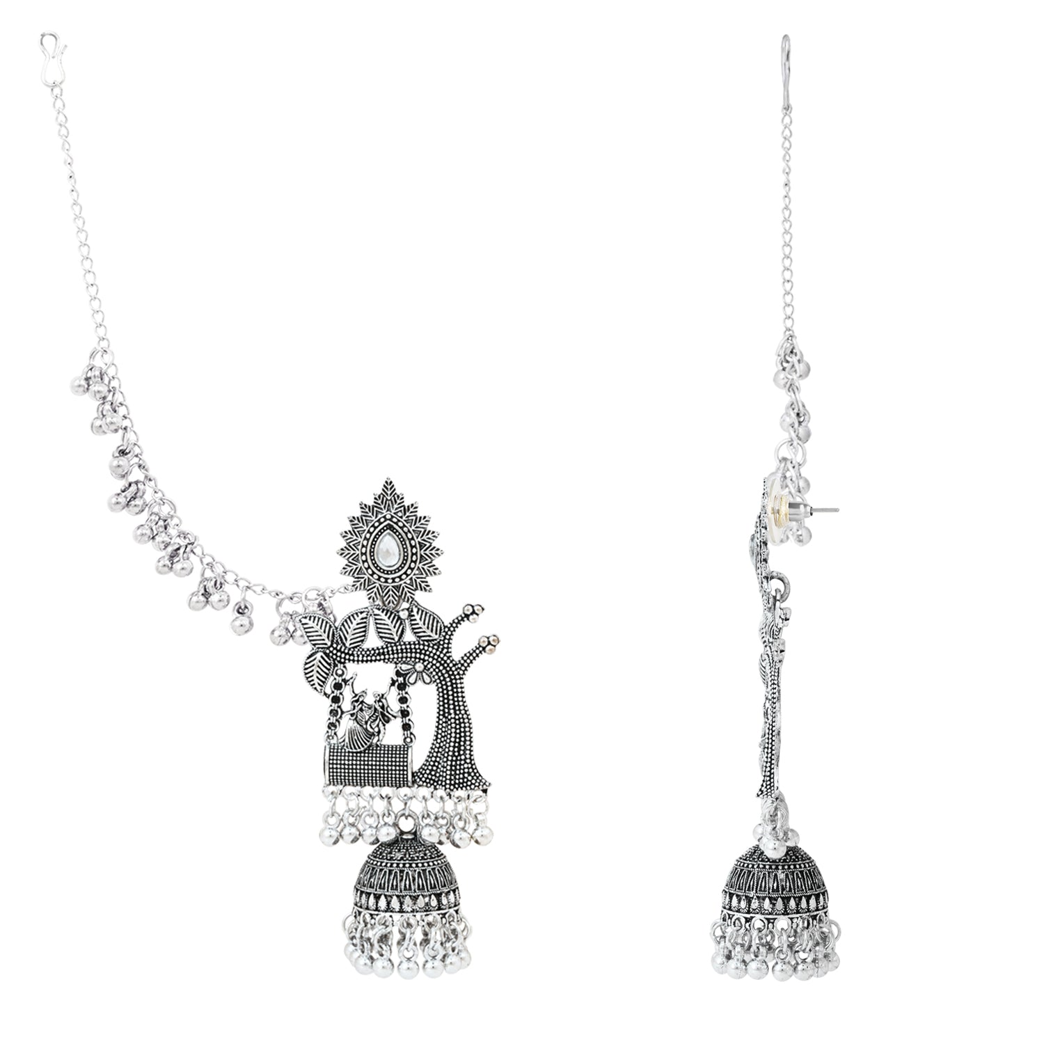 Etnico Silver Plated Traditional Jhumka Motif Oxidised Earring With Ear Chain for Women