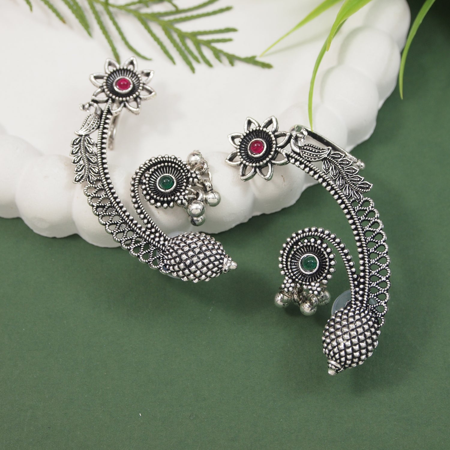 Etnico Navratri Silver Oxidised Floral Ear Cuffs with Ghungroo Drops Earrings for Women (E3395OX)
