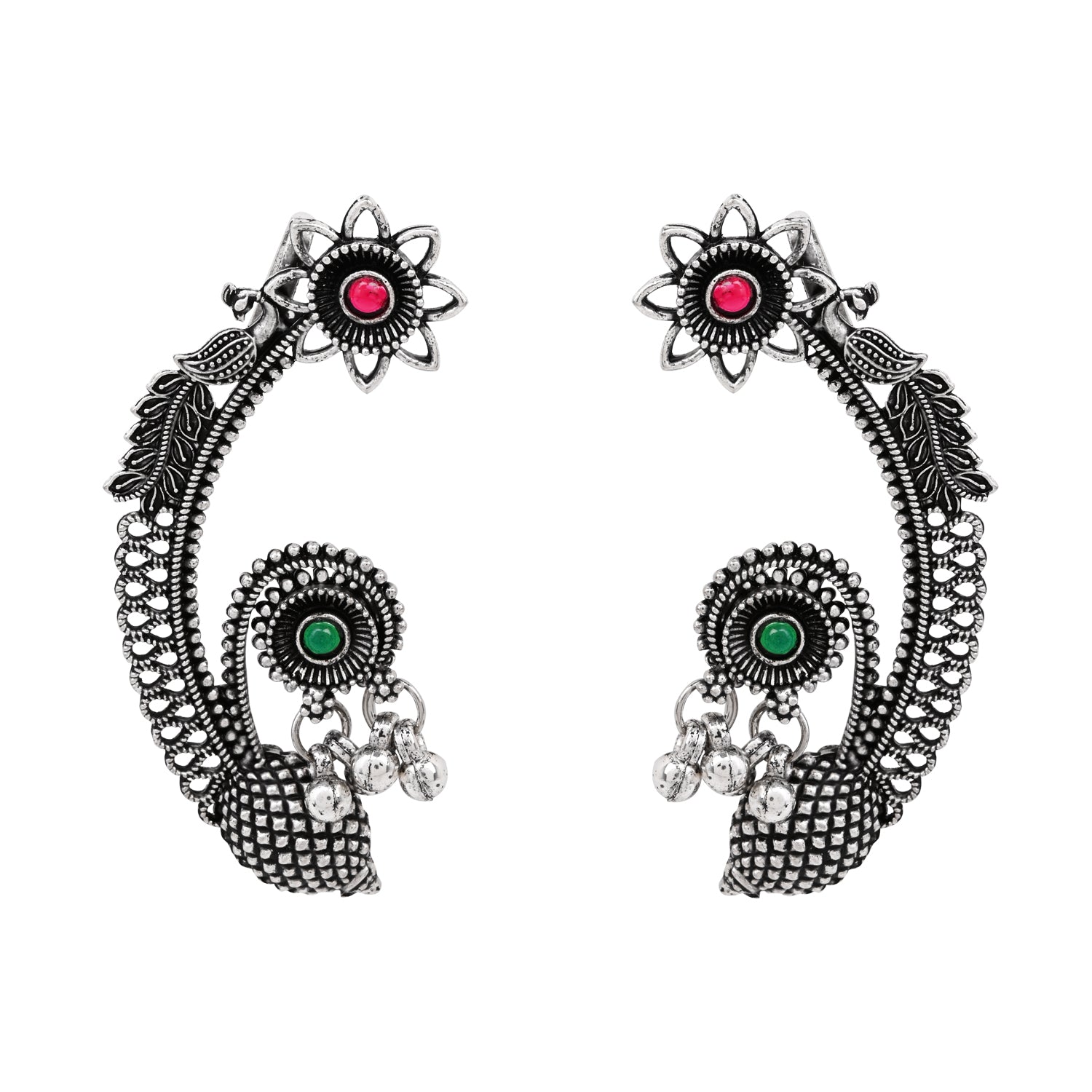Etnico Navratri Silver Oxidised Floral Ear Cuffs with Ghungroo Drops Earrings for Women (E3395OX)