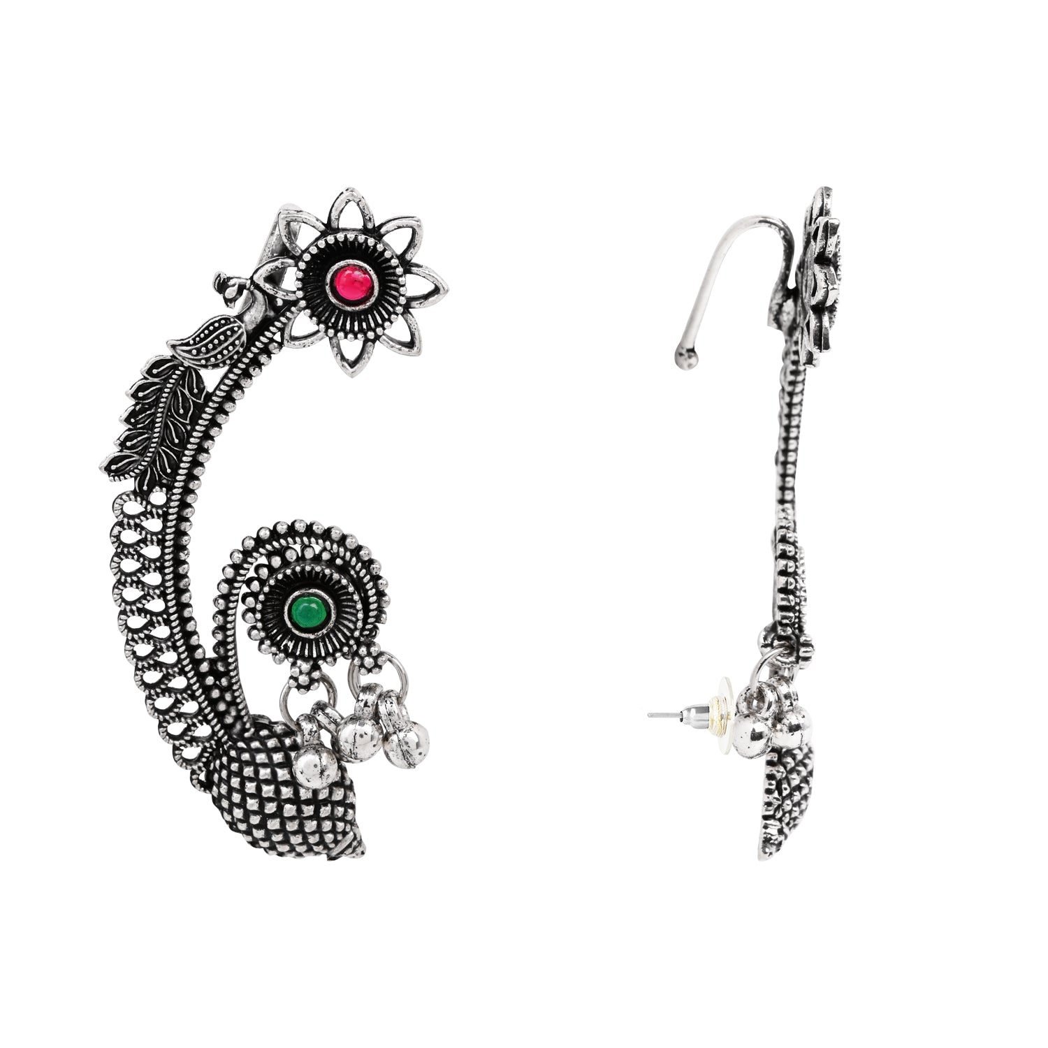 Etnico Navratri Silver Oxidised Floral Ear Cuffs with Ghungroo Drops Earrings for Women (E3395OX)