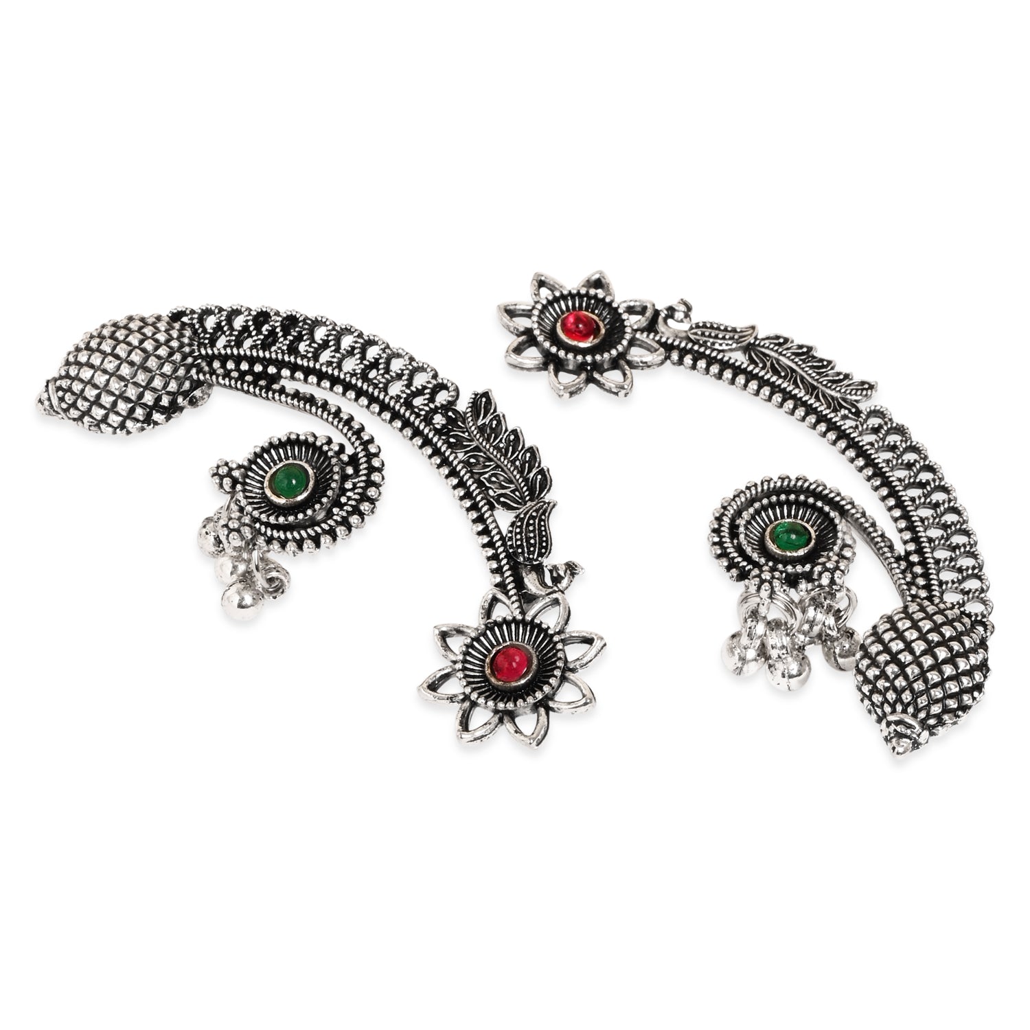 Etnico Navratri Silver Oxidised Floral Ear Cuffs with Ghungroo Drops Earrings for Women (E3395OX)