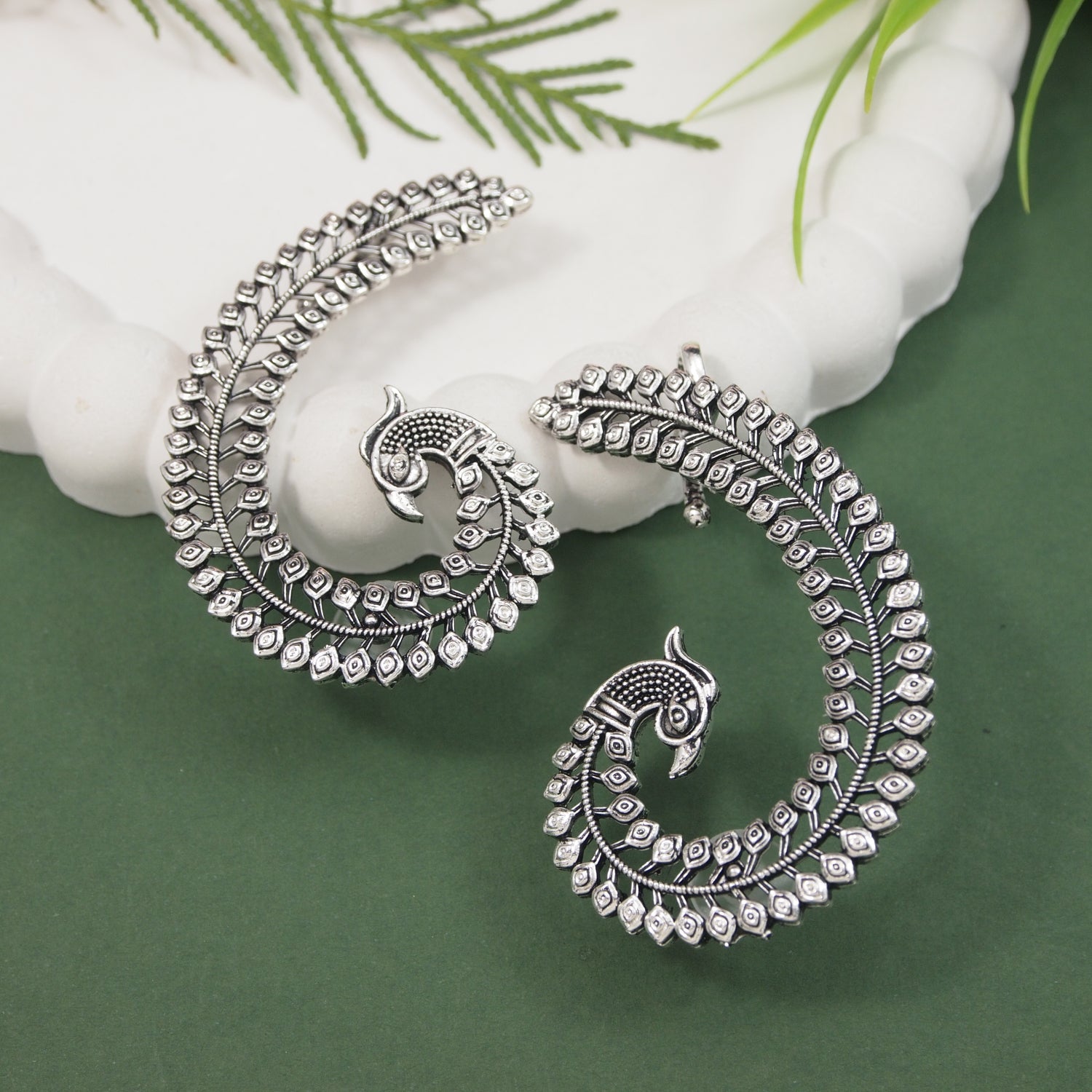 Etnico Navratri Silver Oxidised Traditional Peacock Design Ear Cuffs Earrings for Women (E3396OX)