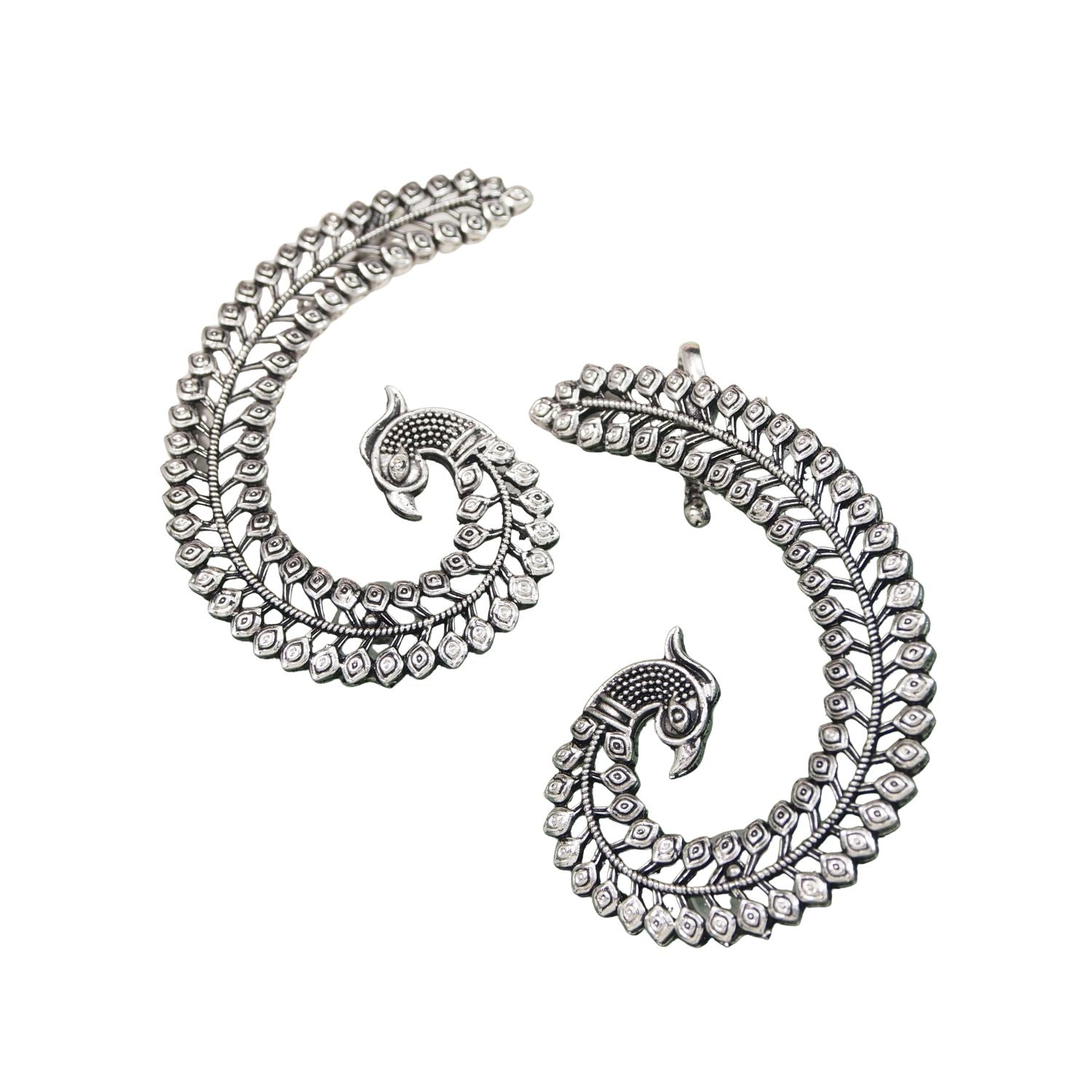 Etnico Navratri Silver Oxidised Traditional Peacock Design Ear Cuffs Earrings for Women (E3396OX)