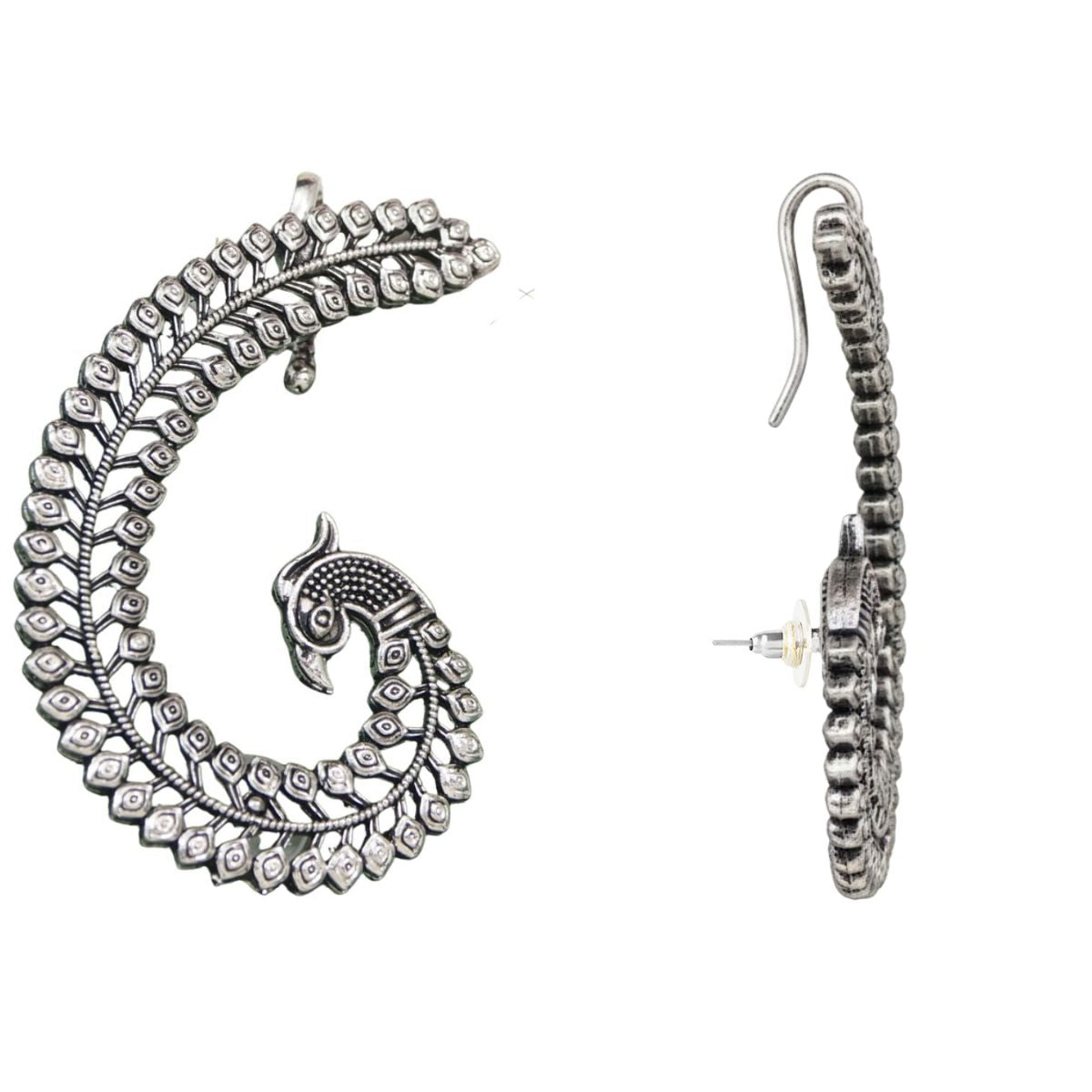 Etnico Navratri Silver Oxidised Traditional Peacock Design Ear Cuffs Earrings for Women (E3396OX)