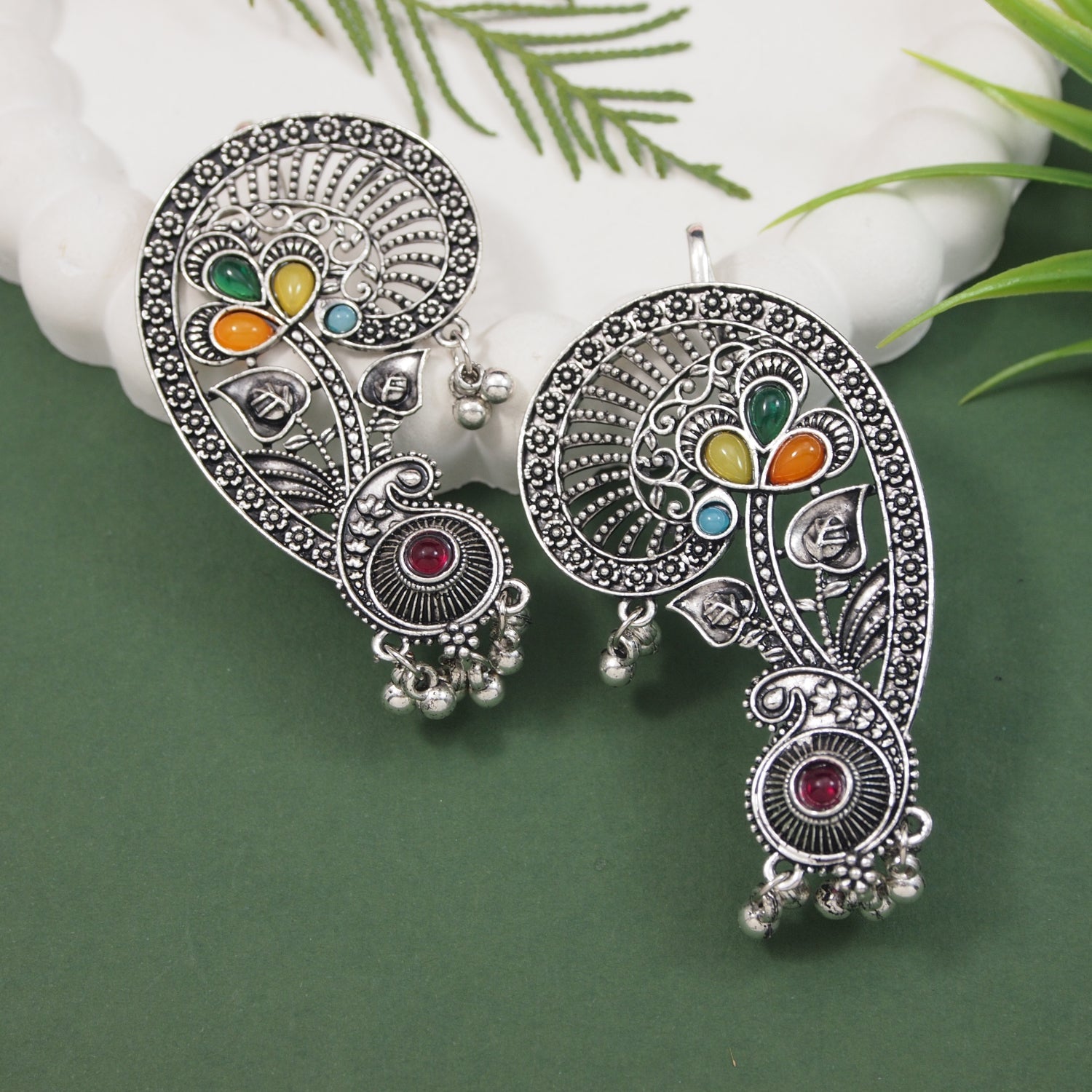 Etnico Navratri Silver Oxidised Paisley Ear Cuffs with Colourful Detailing & Ghungroo Drops Jewellery for Women (E3397OX)