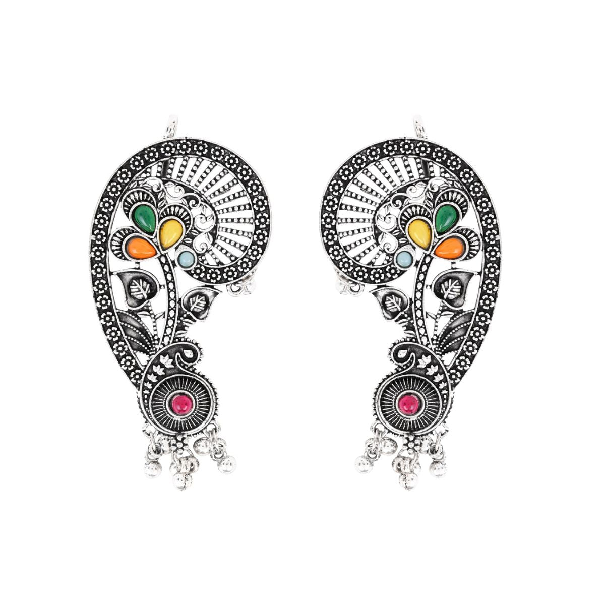 Etnico Navratri Silver Oxidised Paisley Ear Cuffs with Colourful Detailing & Ghungroo Drops Jewellery for Women (E3397OX)