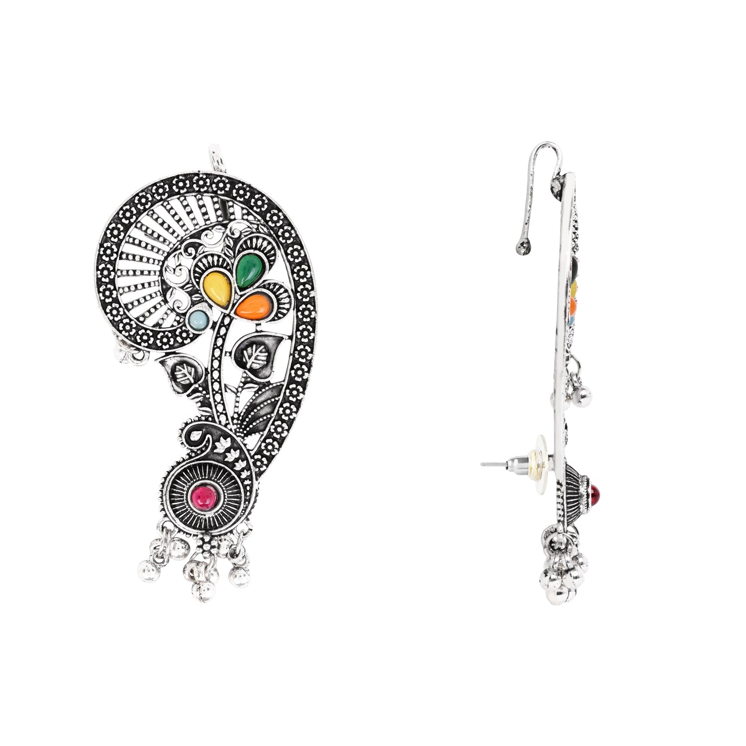 Etnico Navratri Silver Oxidised Paisley Ear Cuffs with Colourful Detailing & Ghungroo Drops Jewellery for Women (E3397OX)