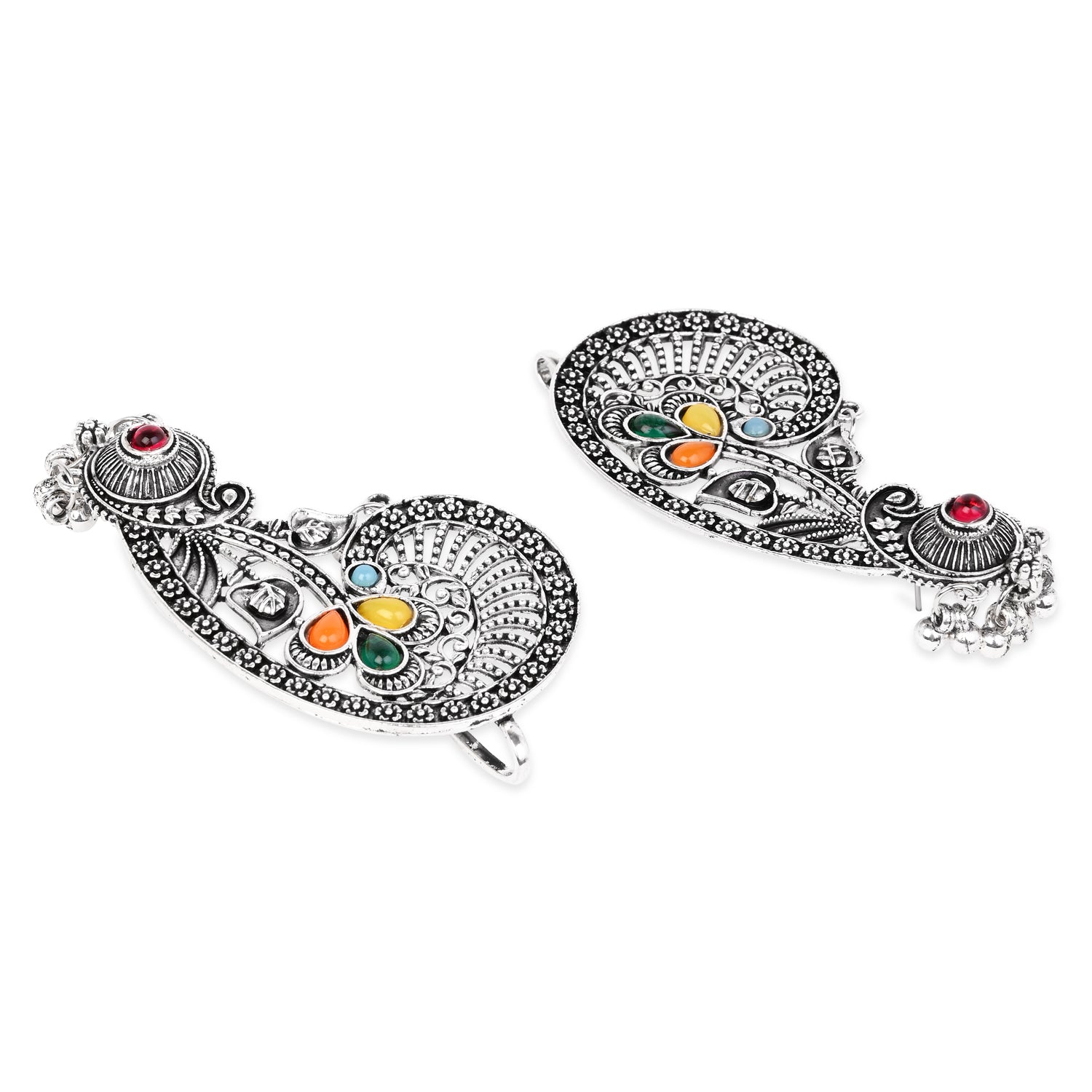 Etnico Navratri Silver Oxidised Paisley Ear Cuffs with Colourful Detailing & Ghungroo Drops Jewellery for Women (E3397OX)