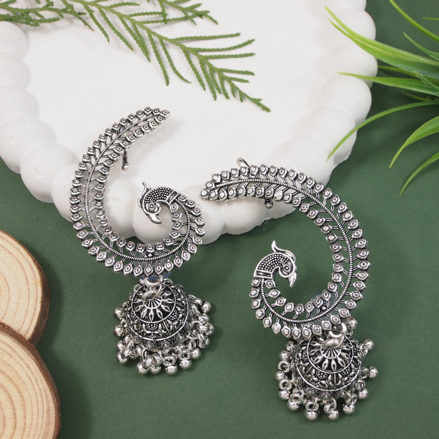 Etnico Navratri Silver Oxidised Traditional Peacock Design Ear Cuffs with Jhumka Drops Earrings for Women (E3398OX)