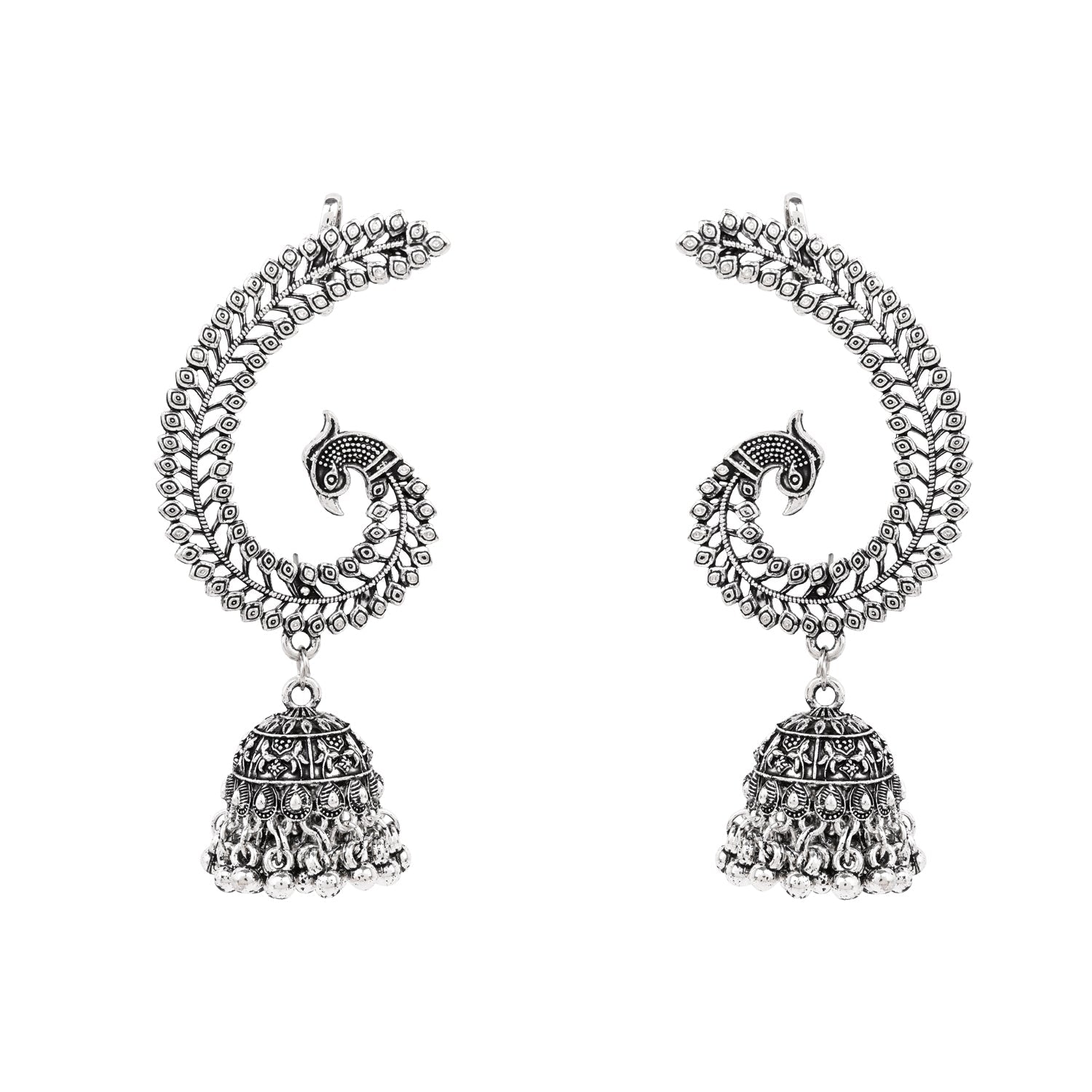 Etnico Navratri Silver Oxidised Traditional Peacock Design Ear Cuffs with Jhumka Drops Earrings for Women (E3398OX)