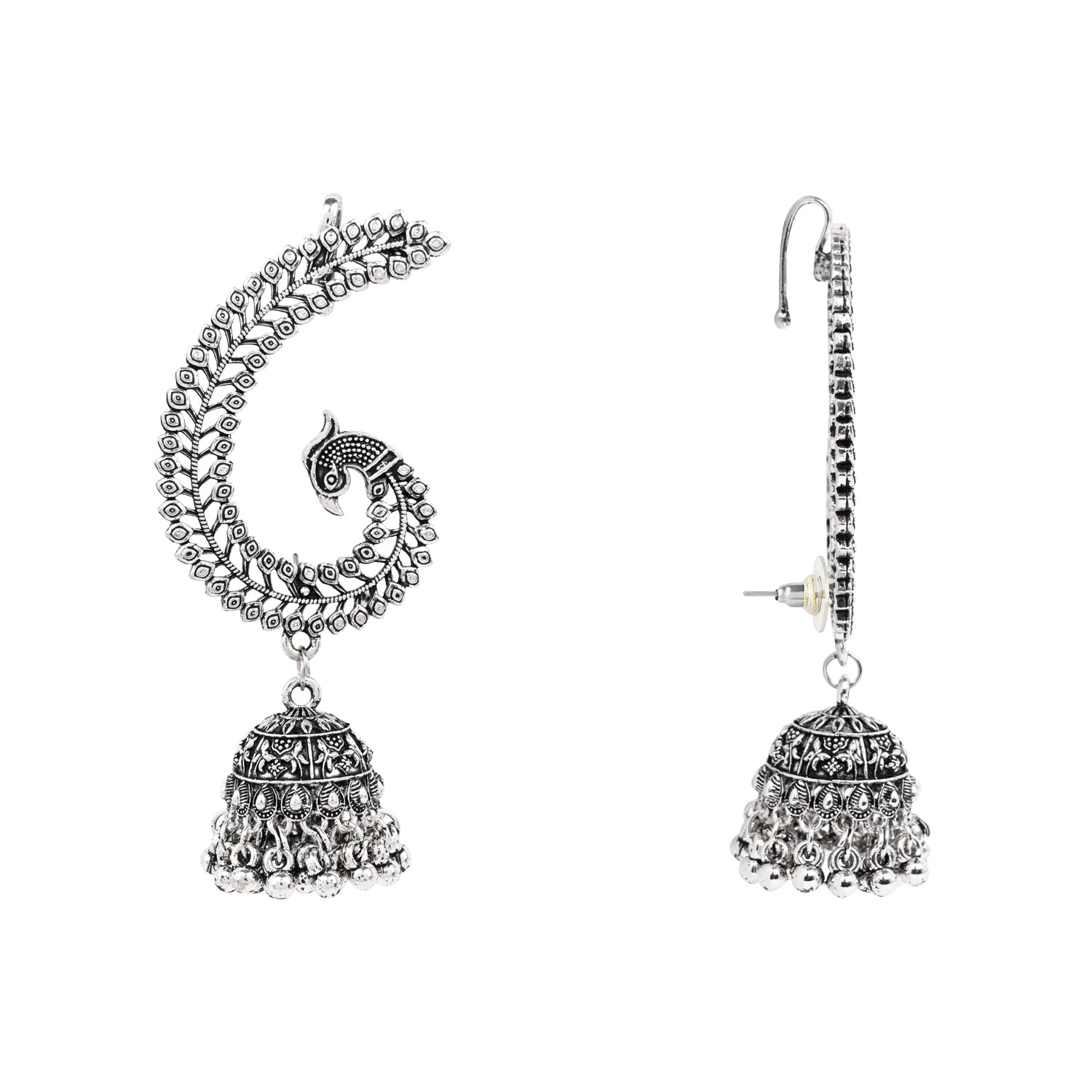 Etnico Navratri Silver Oxidised Traditional Peacock Design Ear Cuffs with Jhumka Drops Earrings for Women (E3398OX)
