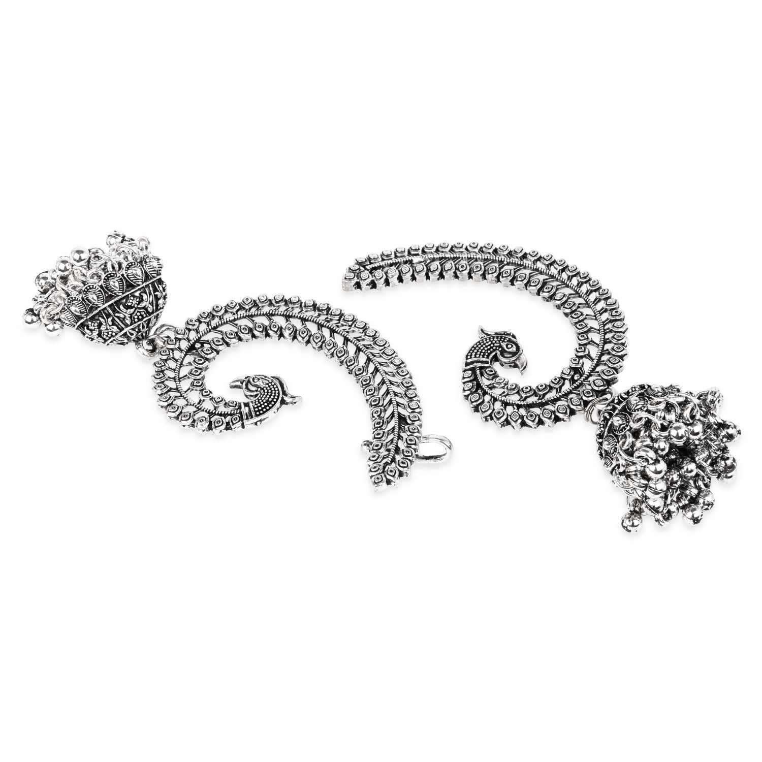 Etnico Navratri Silver Oxidised Traditional Peacock Design Ear Cuffs with Jhumka Drops Earrings for Women (E3398OX)