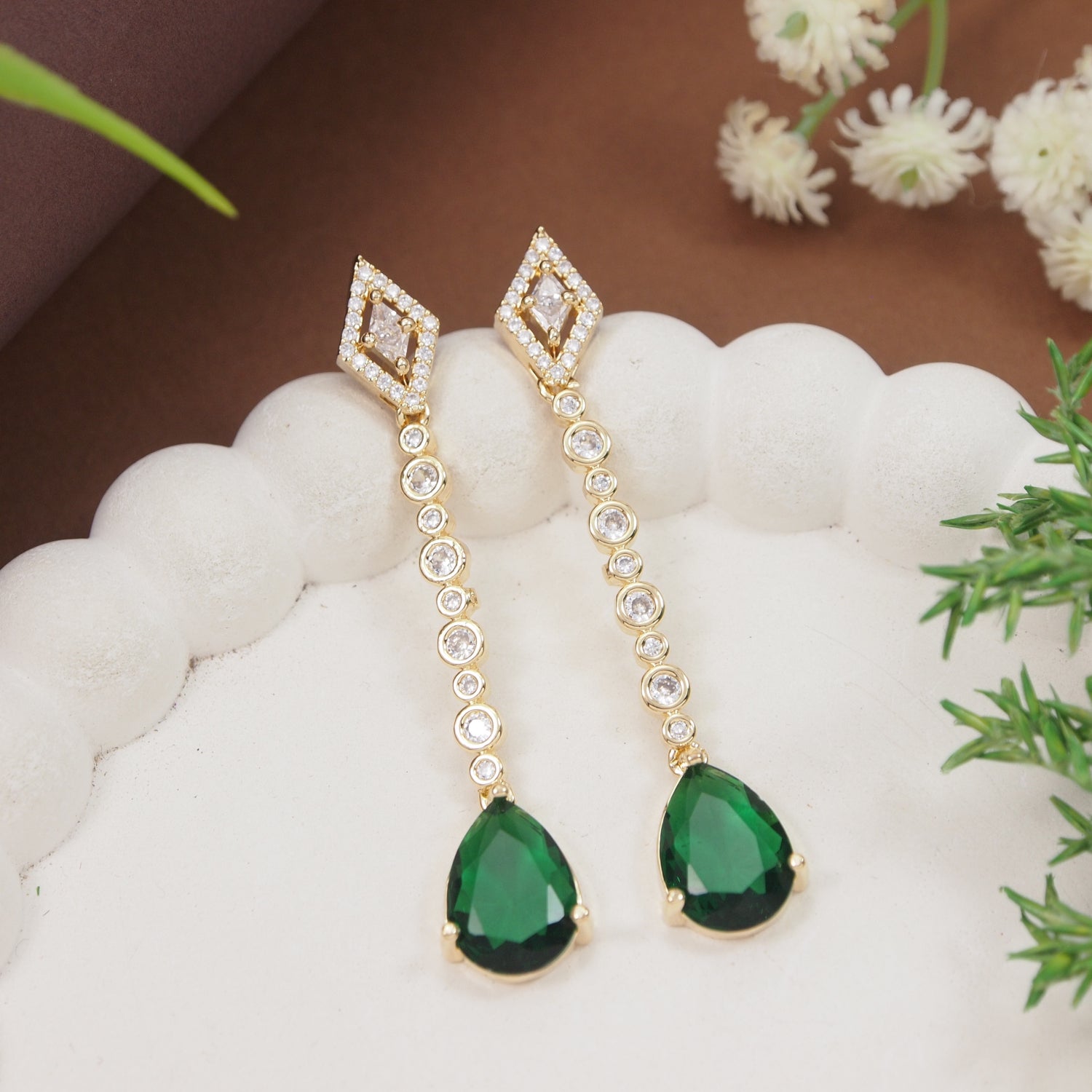 Etnico Gold Plated American Diamond Cubic Zirconia Linear Drop Dangler Earrings