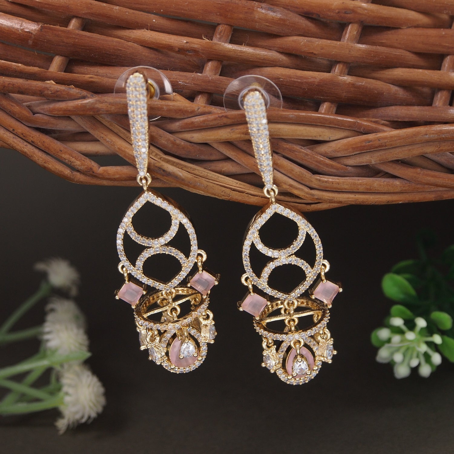 Etnico Gold Plated American Diamond Cubic Zirconia Statement Dangler Earrings