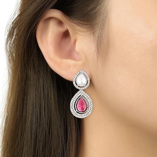 Etnico Silver Plated Traditional Stone & Beads Tear Drop Earrings For Women