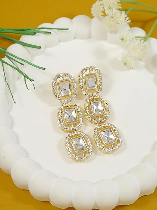 Etnico Gold Plated Traditional White Stone Drop Dangle Earrings For Women