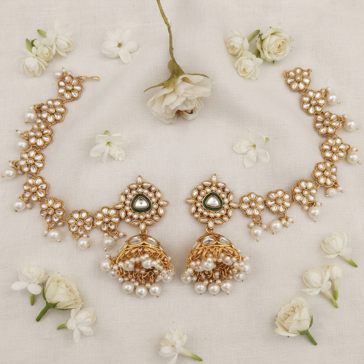 Js Fashion Antique Jewellery High Gold Polish Clustered Pearl Full Stone Party Wear Earrings