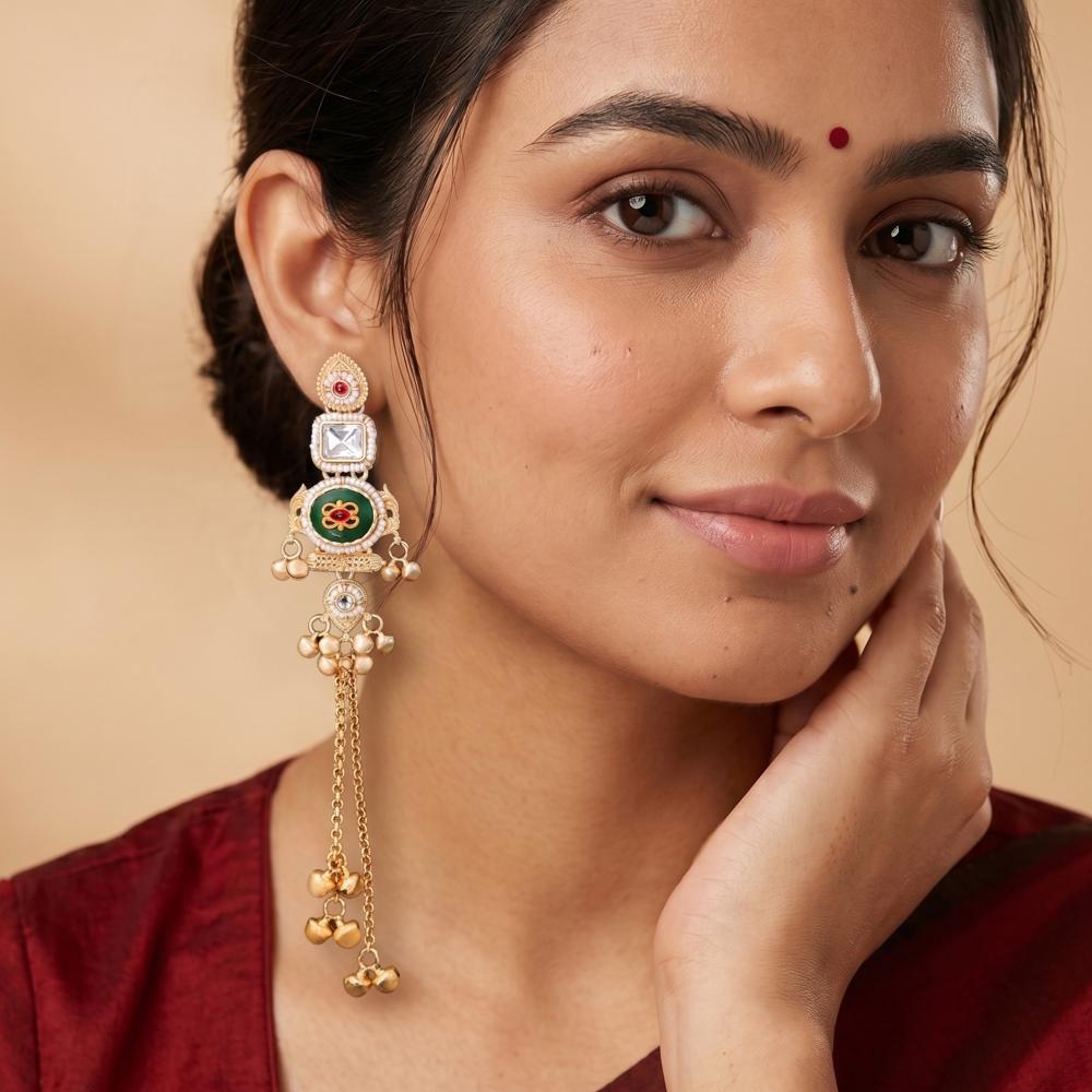 Js Fashion High Gold Finish Antique Long Kundan Earrings