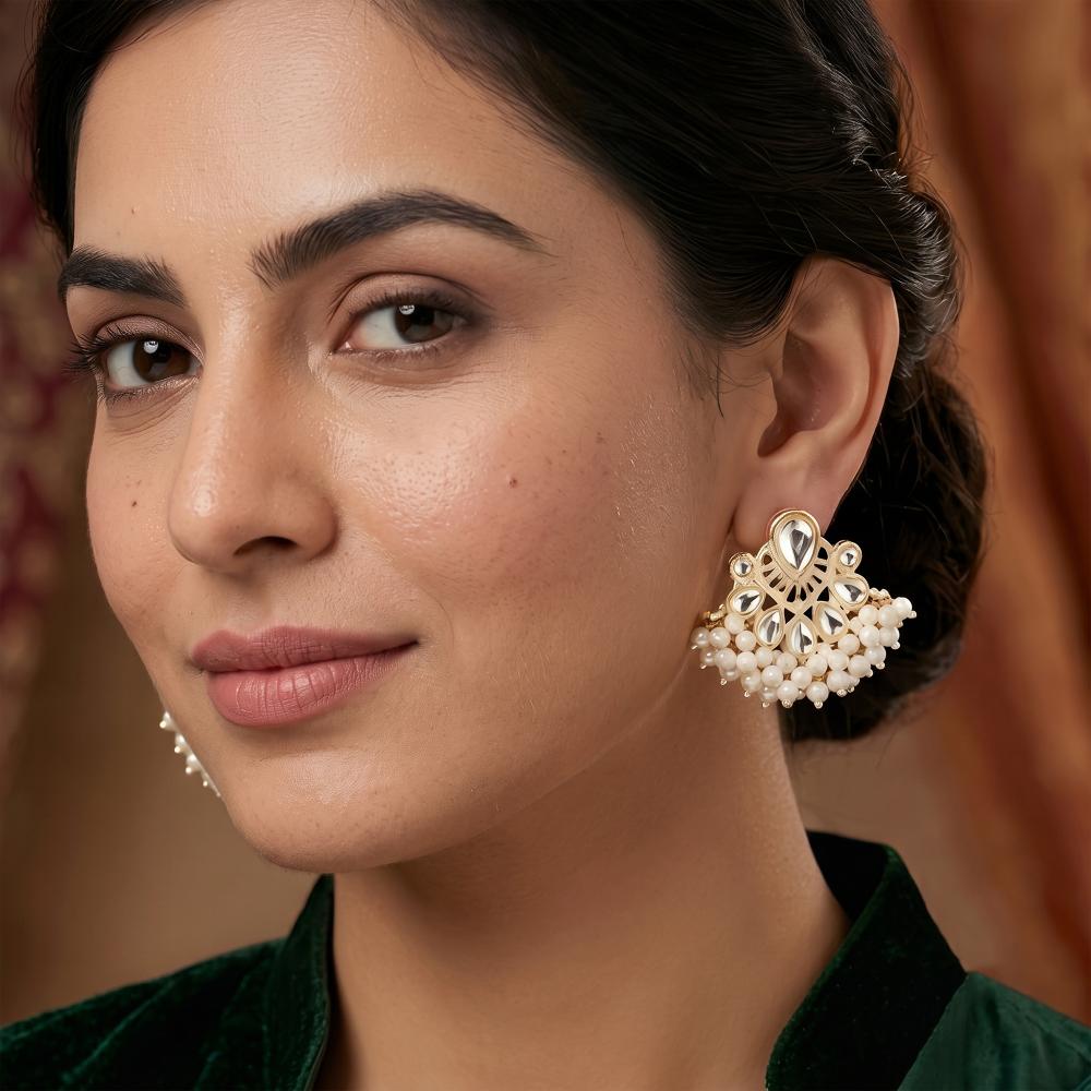 Js Fashion Designer Pearl Drop Kundan Party Wear Earrings