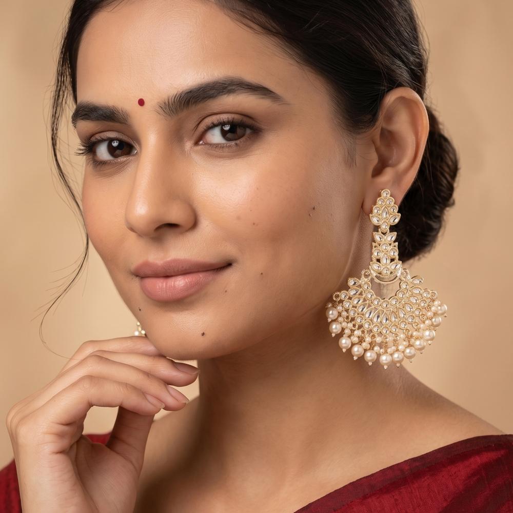Js Fashion High Gold Kundan Pearl Chandbali Earrings for Women