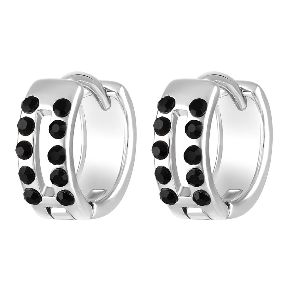 Mahi Rhodium Plated Double Line Black Crystals Hoop Bali Piercing Mens Earrings (ER1109838RMen)