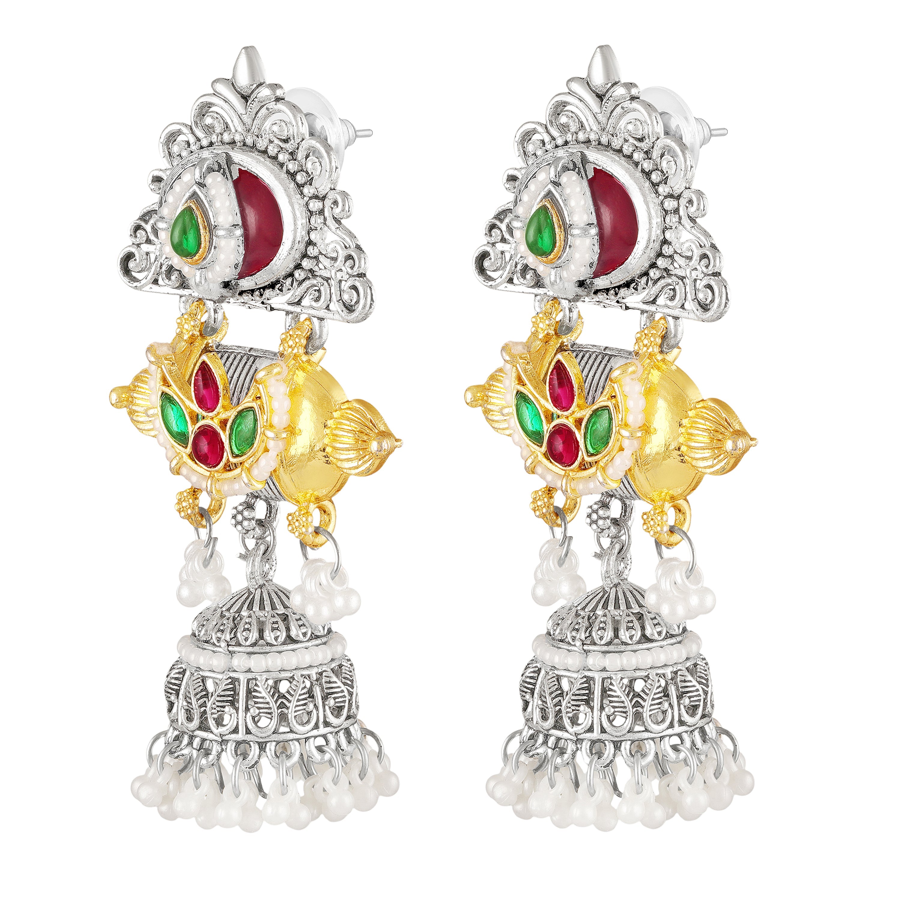 Mahi Traditional Dual-Tone Temple Style Dangler Jhumka Earrings with Kundan & Artificial Pearl Beads for Womens (ER1109886M)