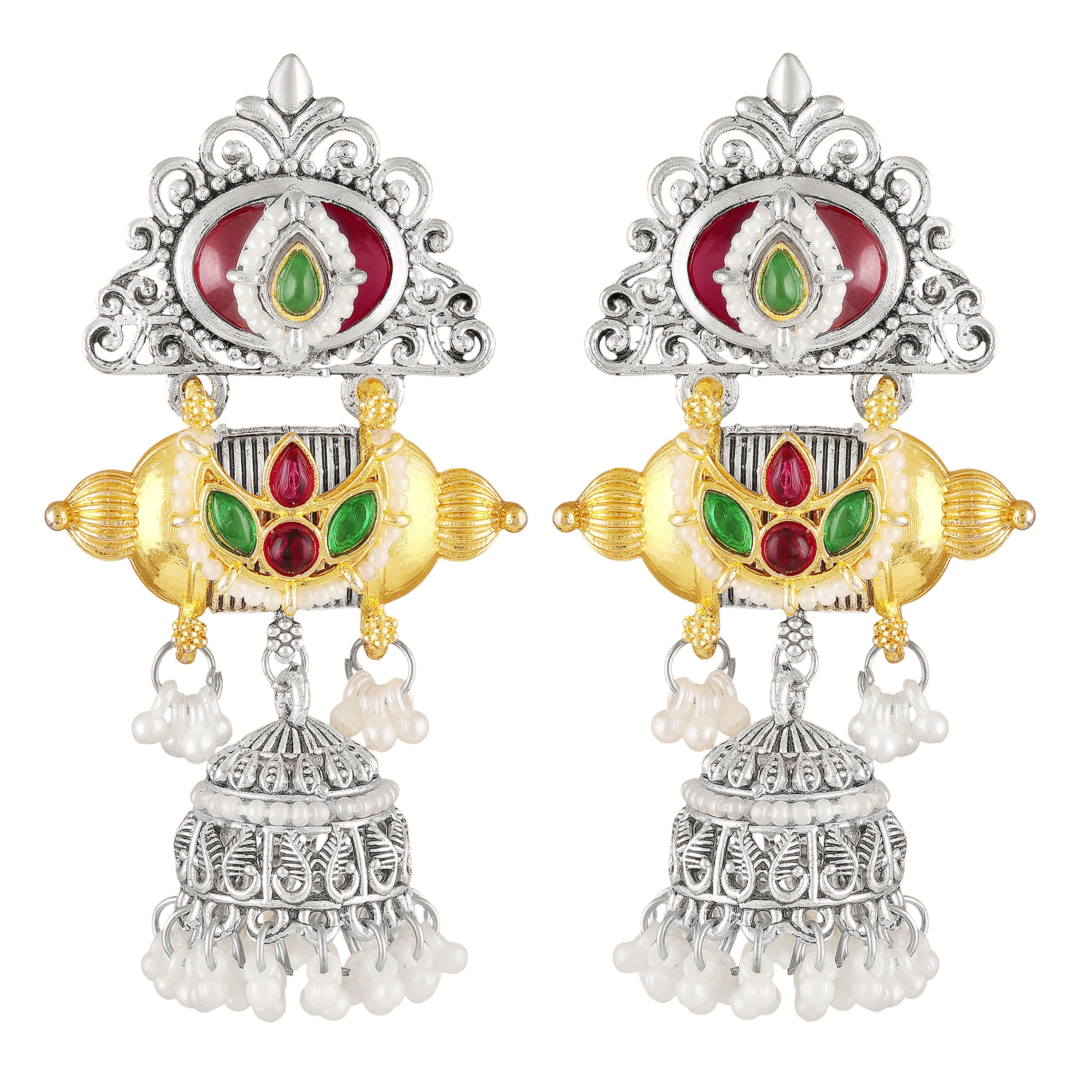 Mahi Traditional Dual-Tone Temple Style Dangler Jhumka Earrings with Kundan & Artificial Pearl Beads for Womens (ER1109886M)