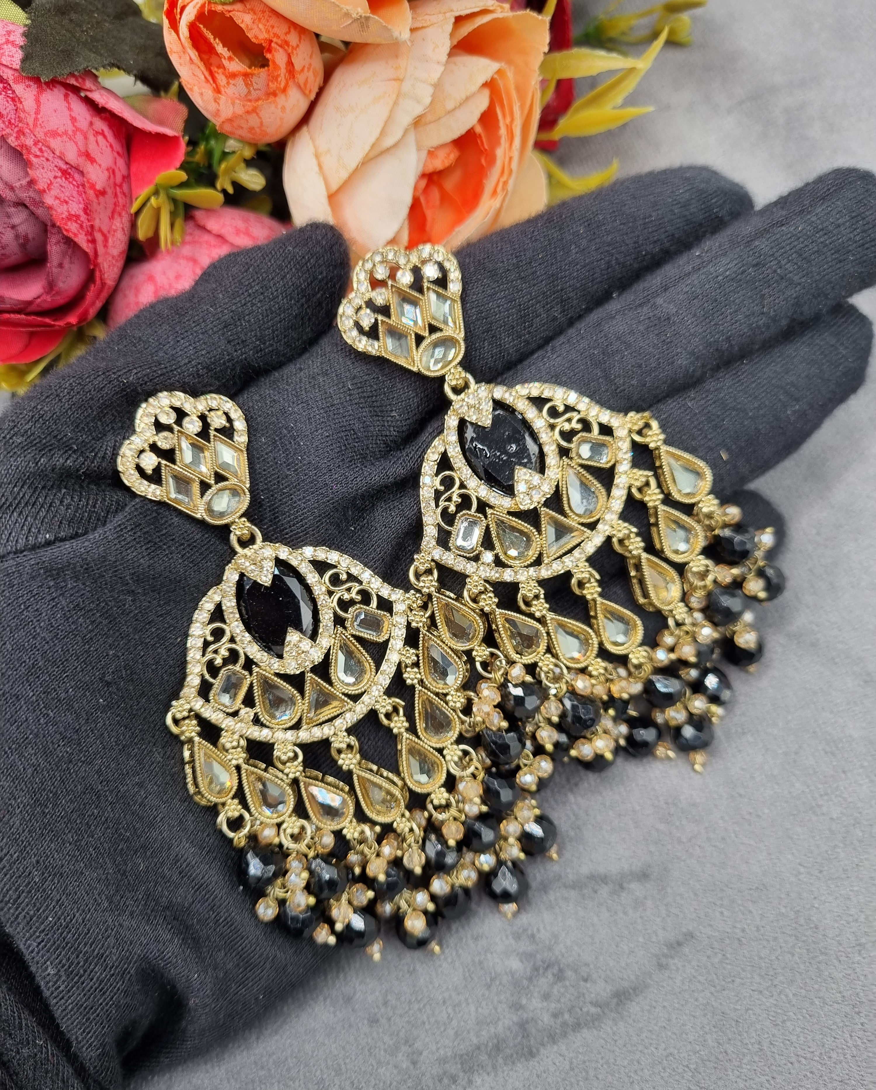 LAFZ Antique Gold Statement Chandbali Earrings with Crystal Beads - ER130
