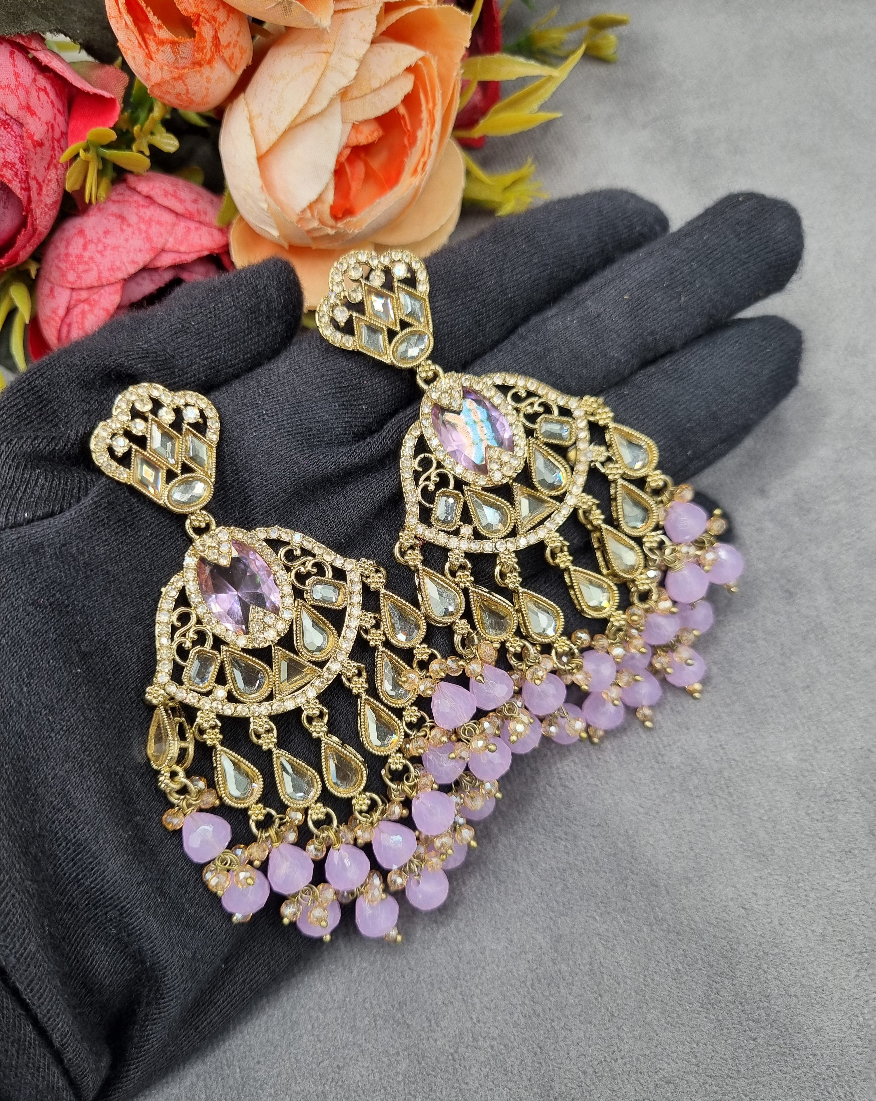 LAFZ Antique Gold Statement Chandbali Earrings with Crystal Beads - ER130