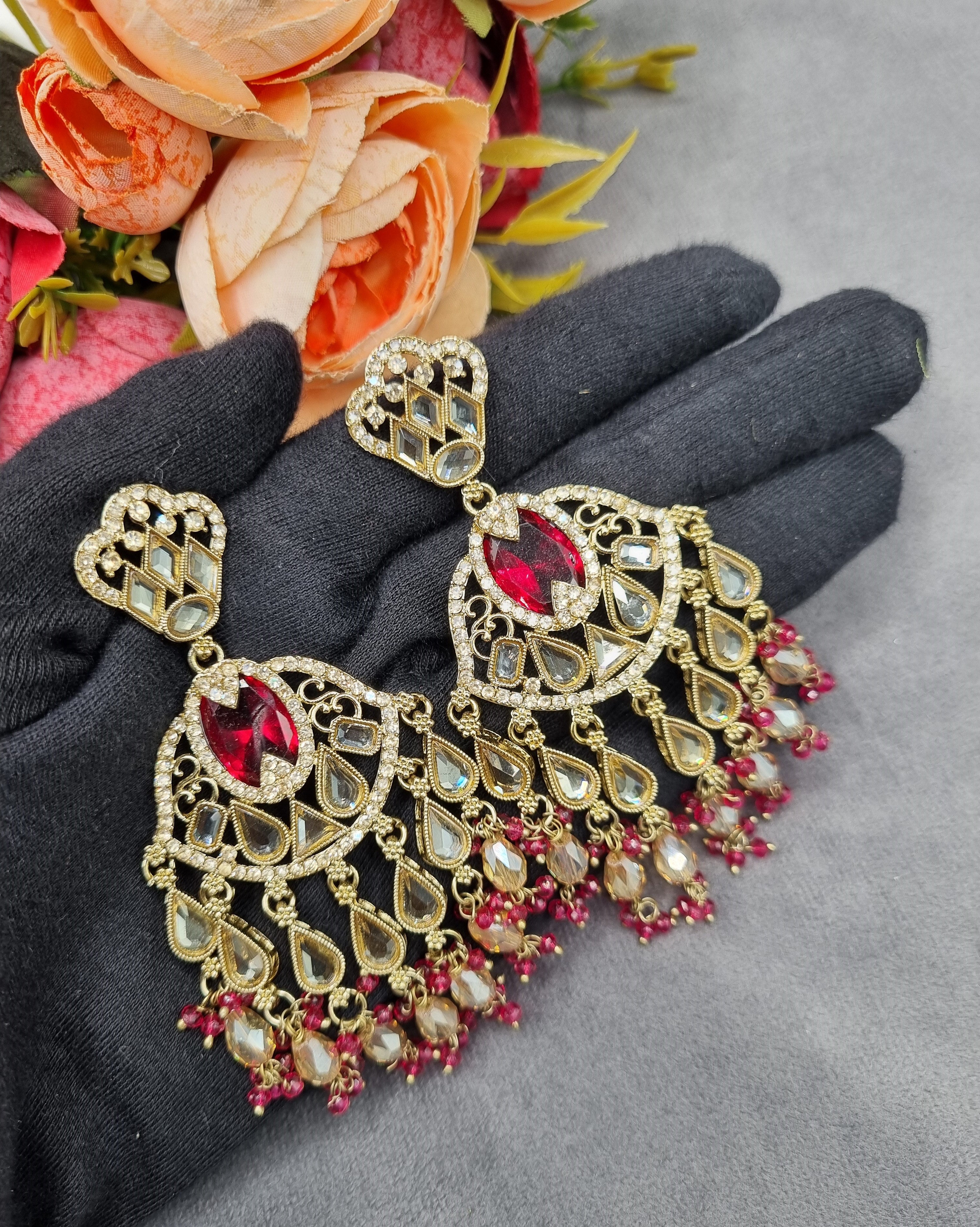 LAFZ Antique Gold Statement Chandbali Earrings with Crystal Beads - ER130