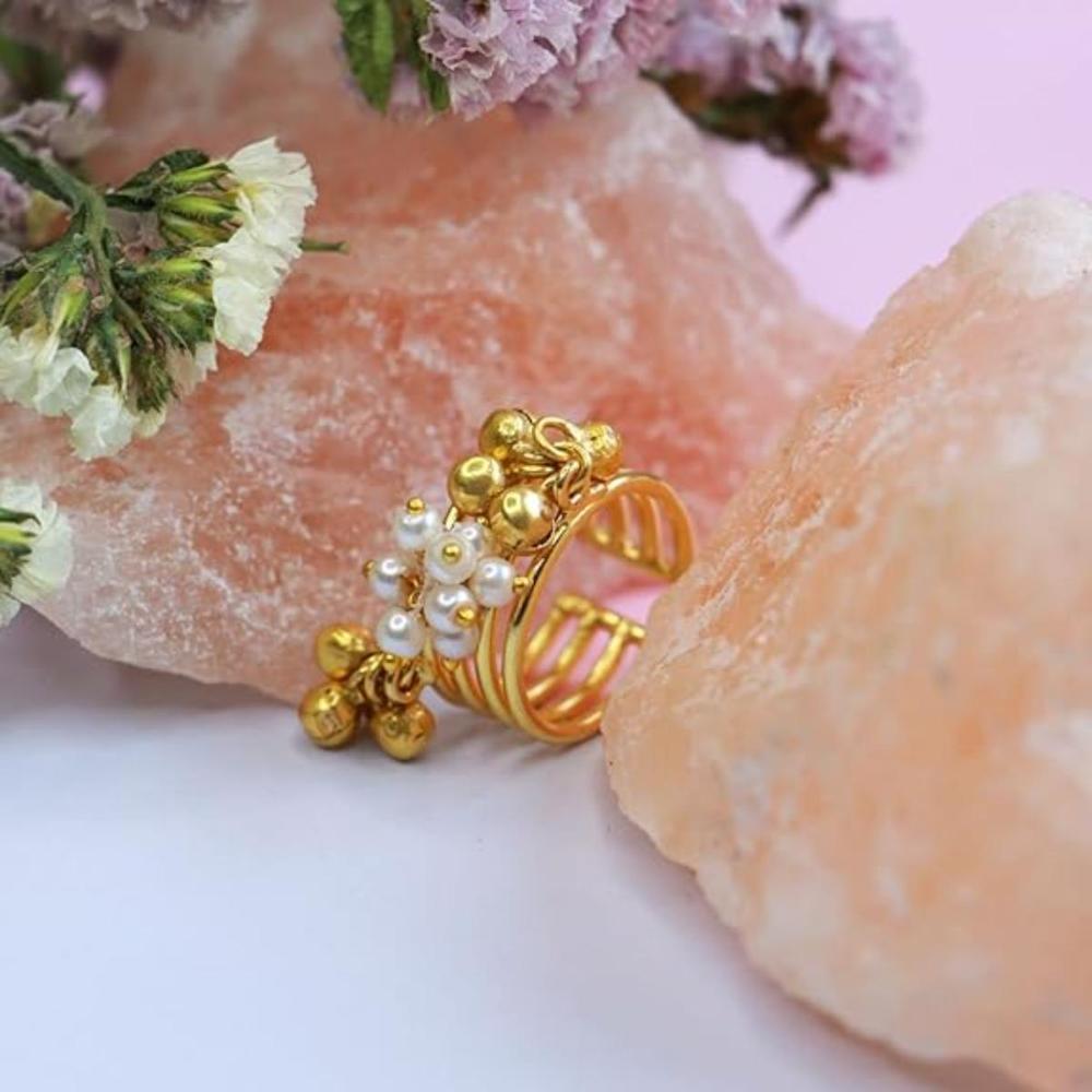 Etnico Gold Plated Ethnic Adjustable Finger Ring Embellished With Ghungroo and Pearl For Women (FL223)